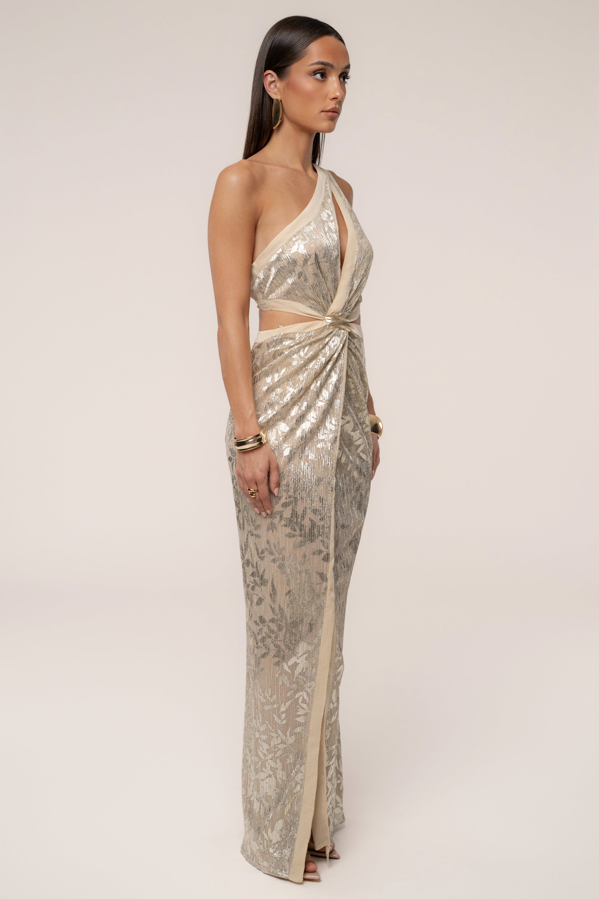 Gold One Shoulder Keyhole Dress JLUXLABEL