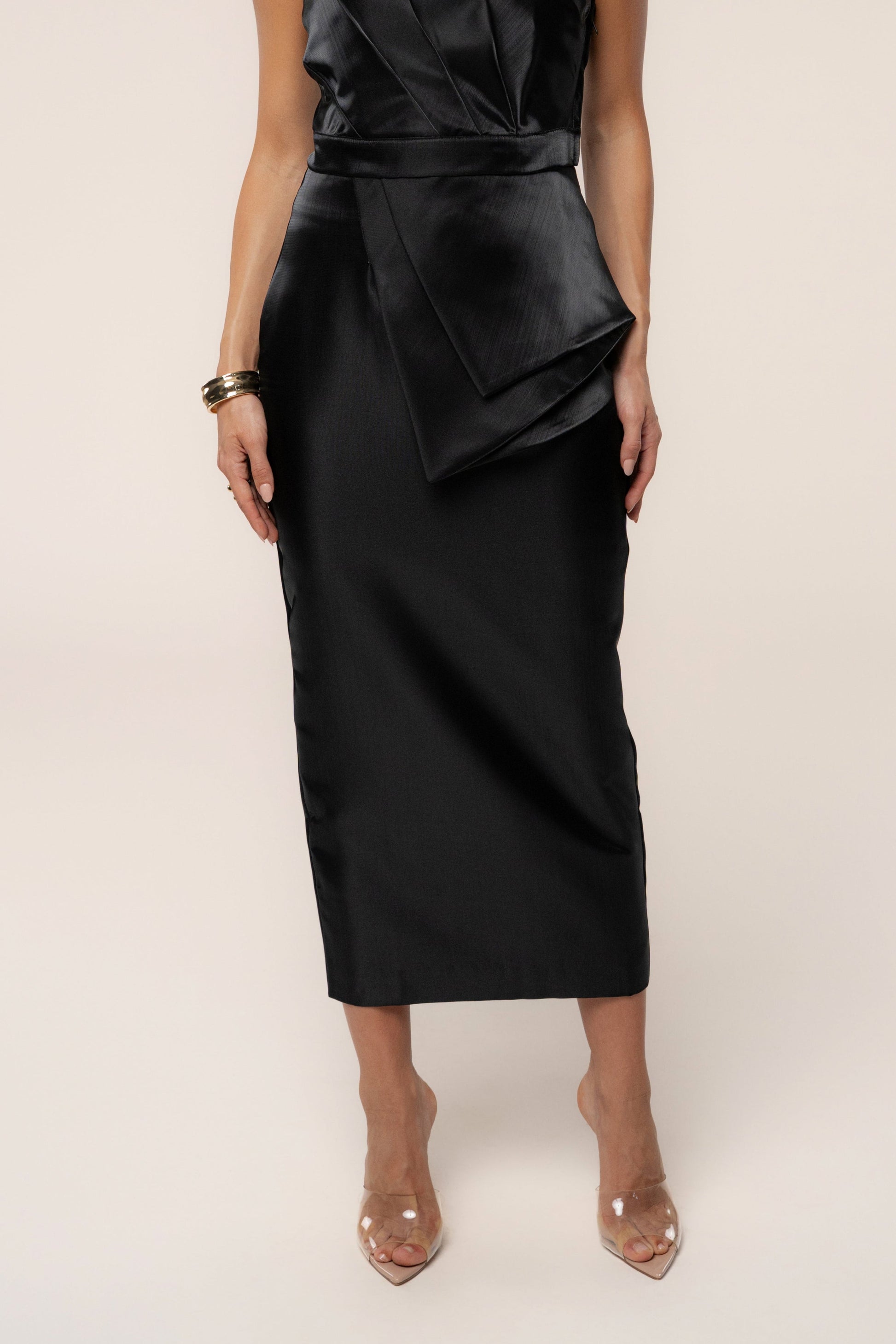 Black Reception Pleated Midi Skirt JLUXLABEL