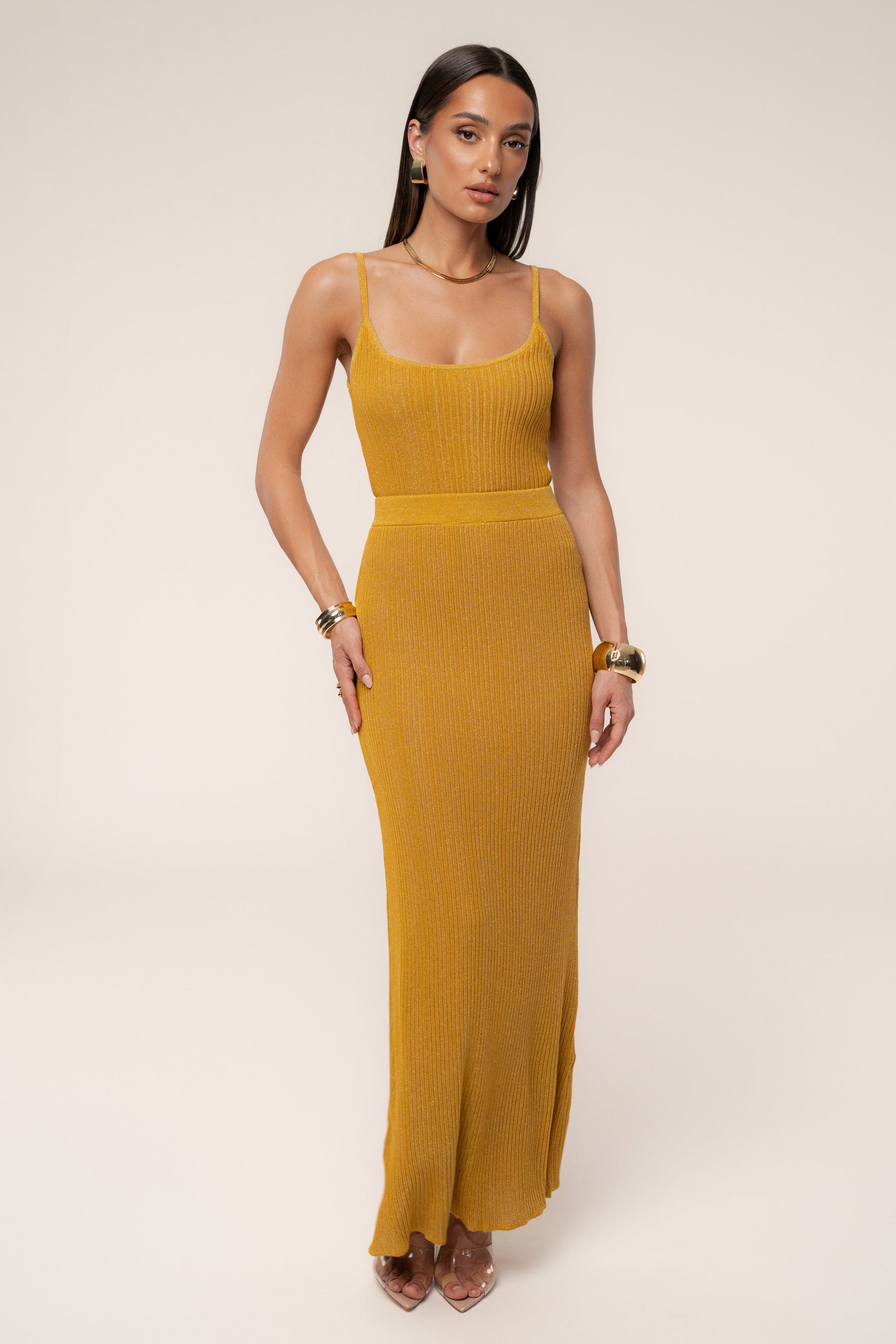 Mustard Serena Ribbed Skirt Set JLUXLABEL