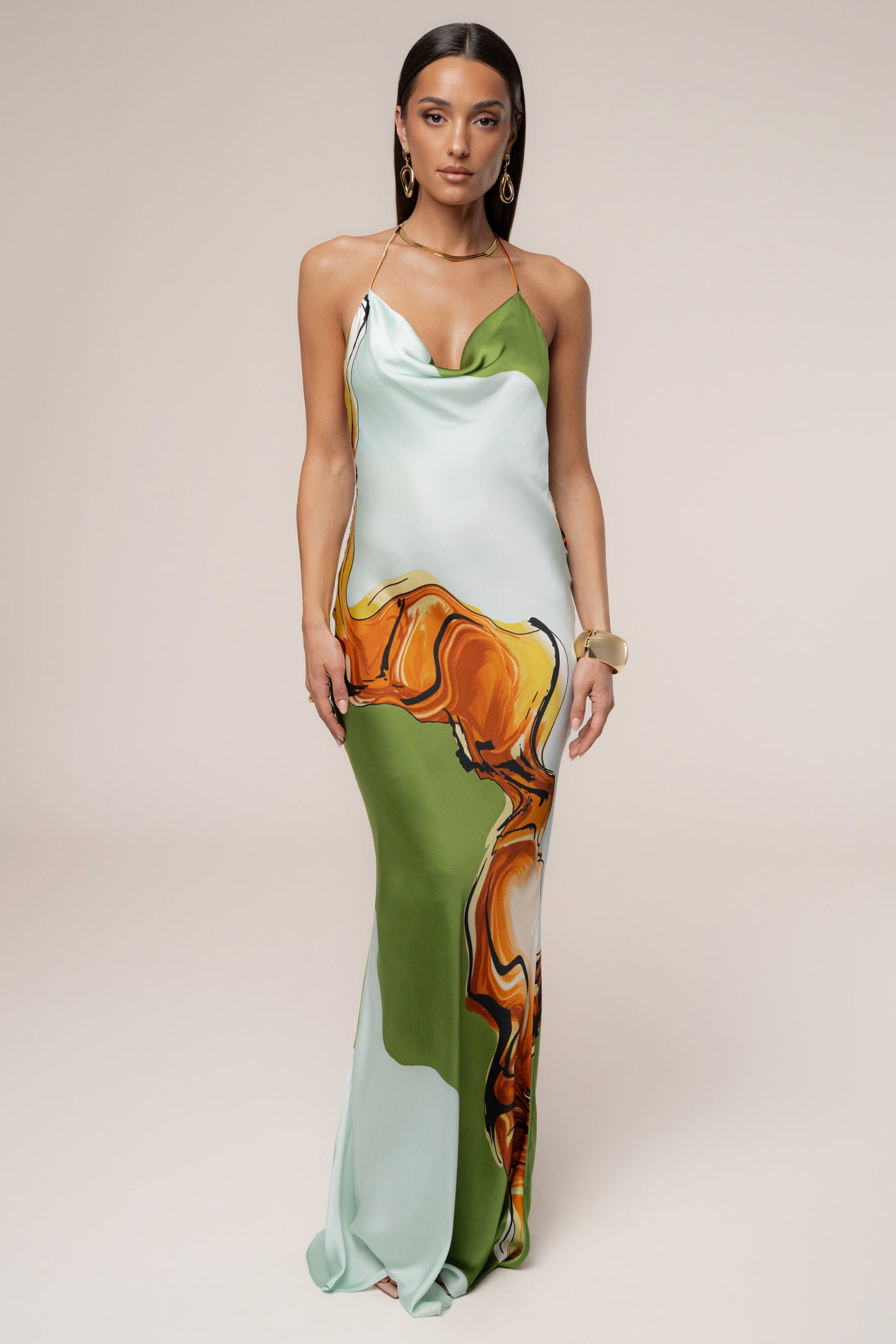 Green Tropical Print Golden Touch Satin Dress JLUXLABEL