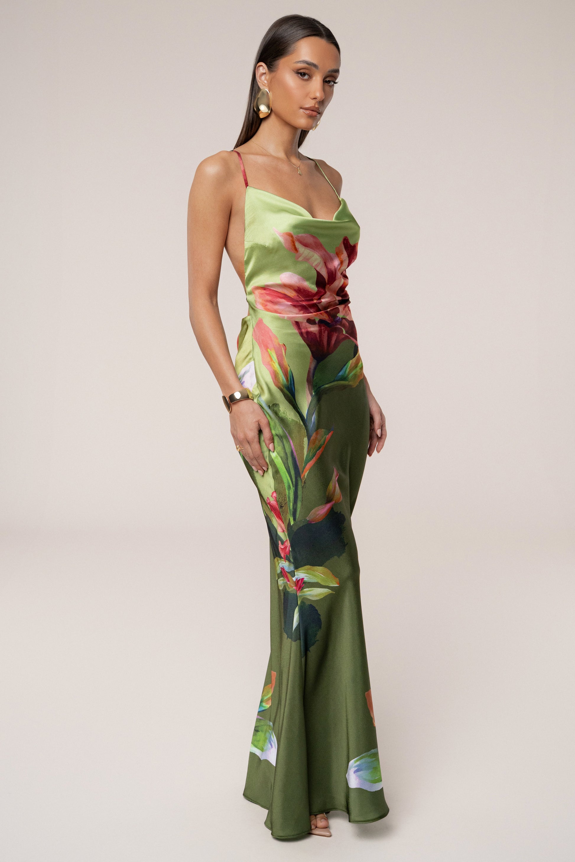 Green Satin Floral Print Maxi Dress JLUXLABEL