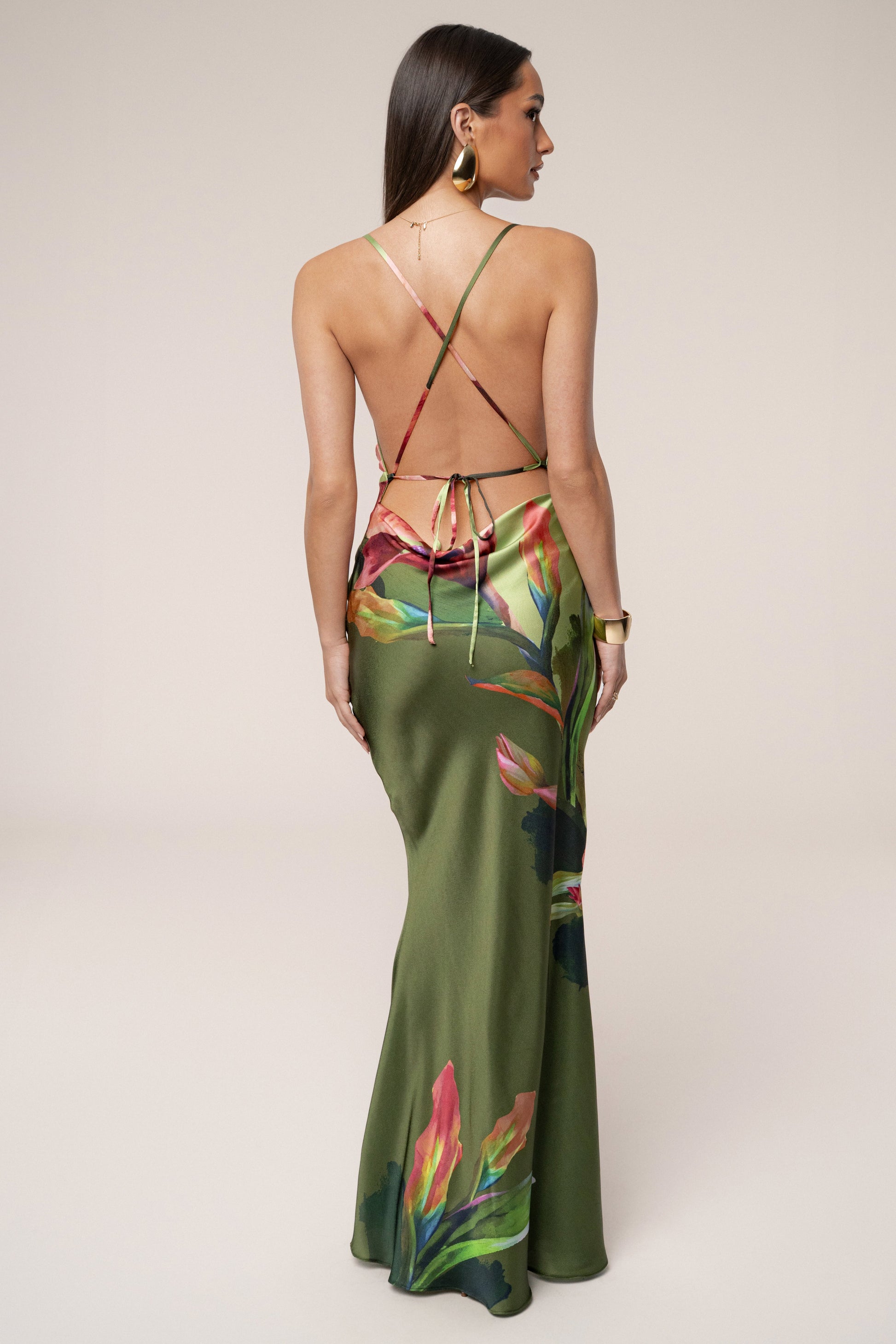 Green Satin Floral Print Maxi Dress JLUXLABEL