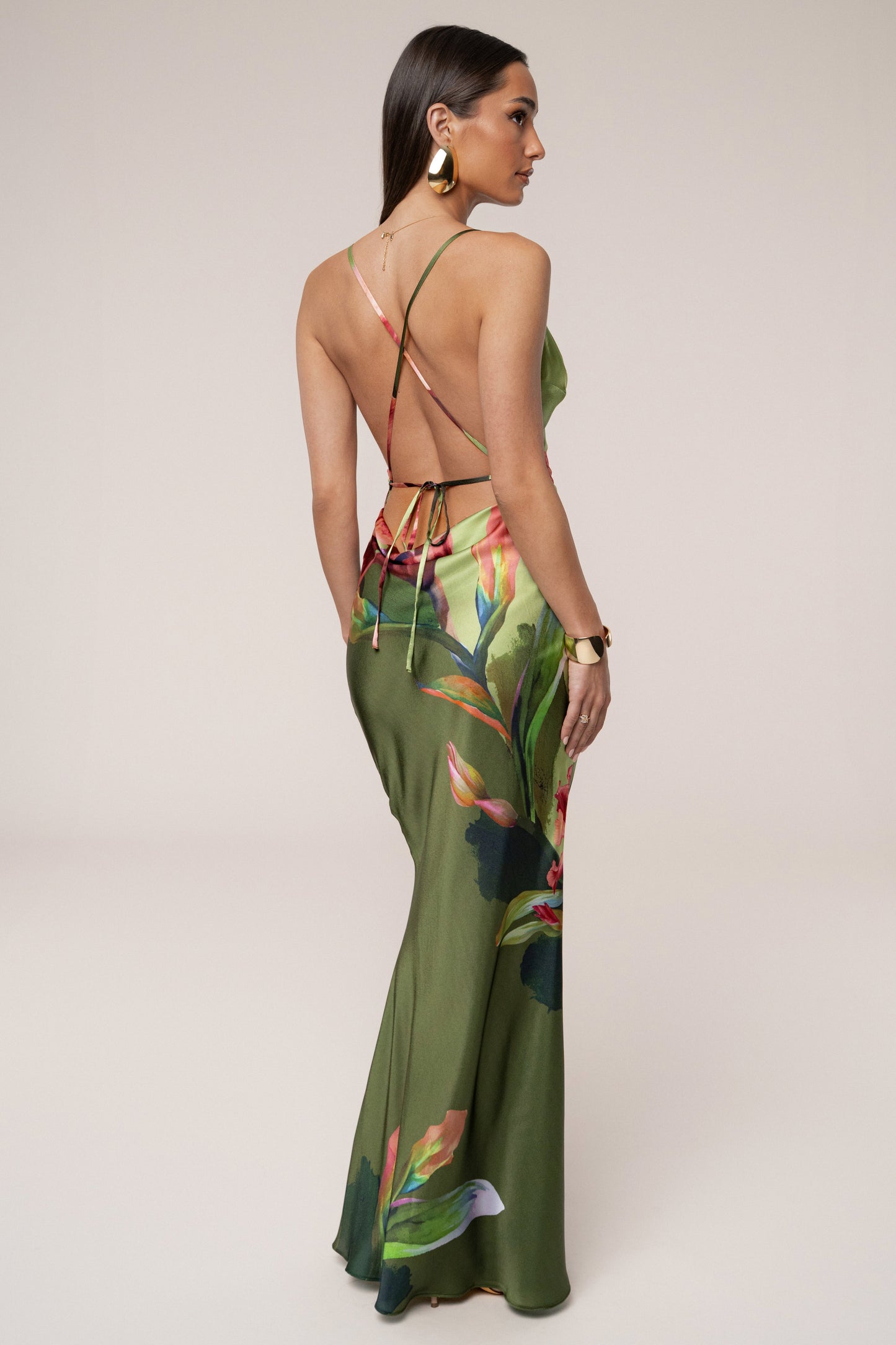Green Satin Floral Print Maxi Dress JLUXLABEL