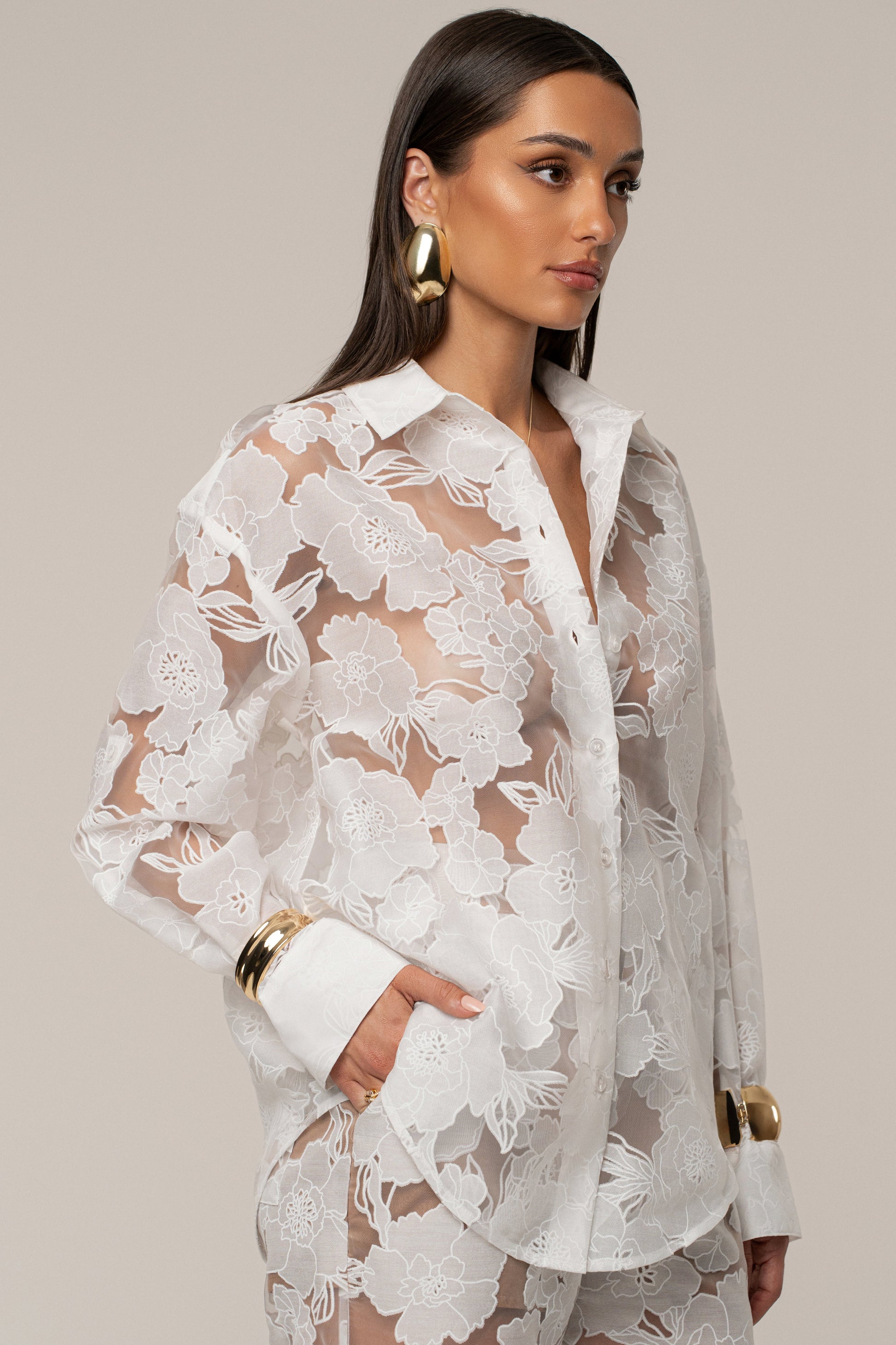 Ivory Organza Floral Blouse NEWFASHIONEDGE