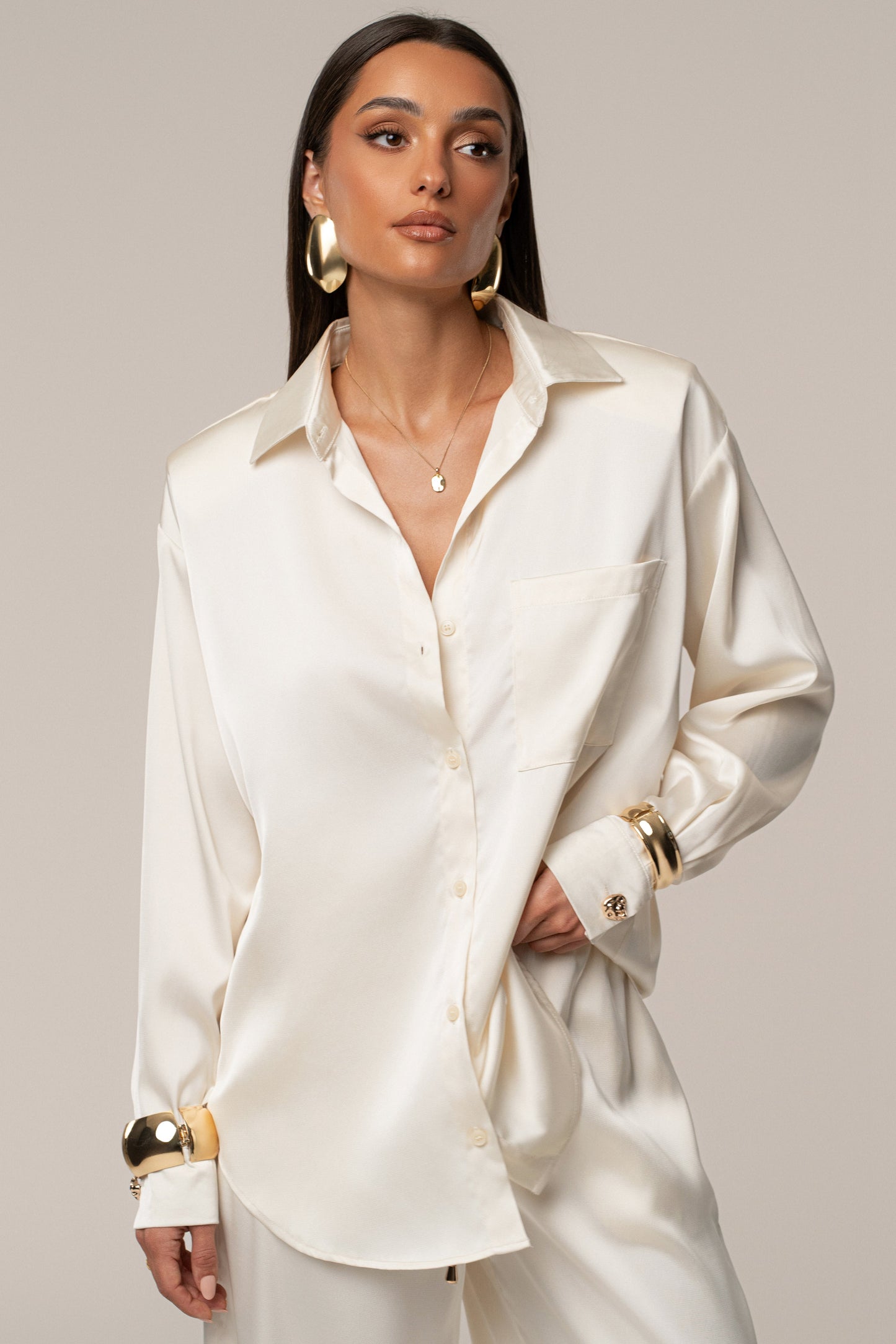 Ivory Island Ease Collared Satin Top JLUXLABEL
