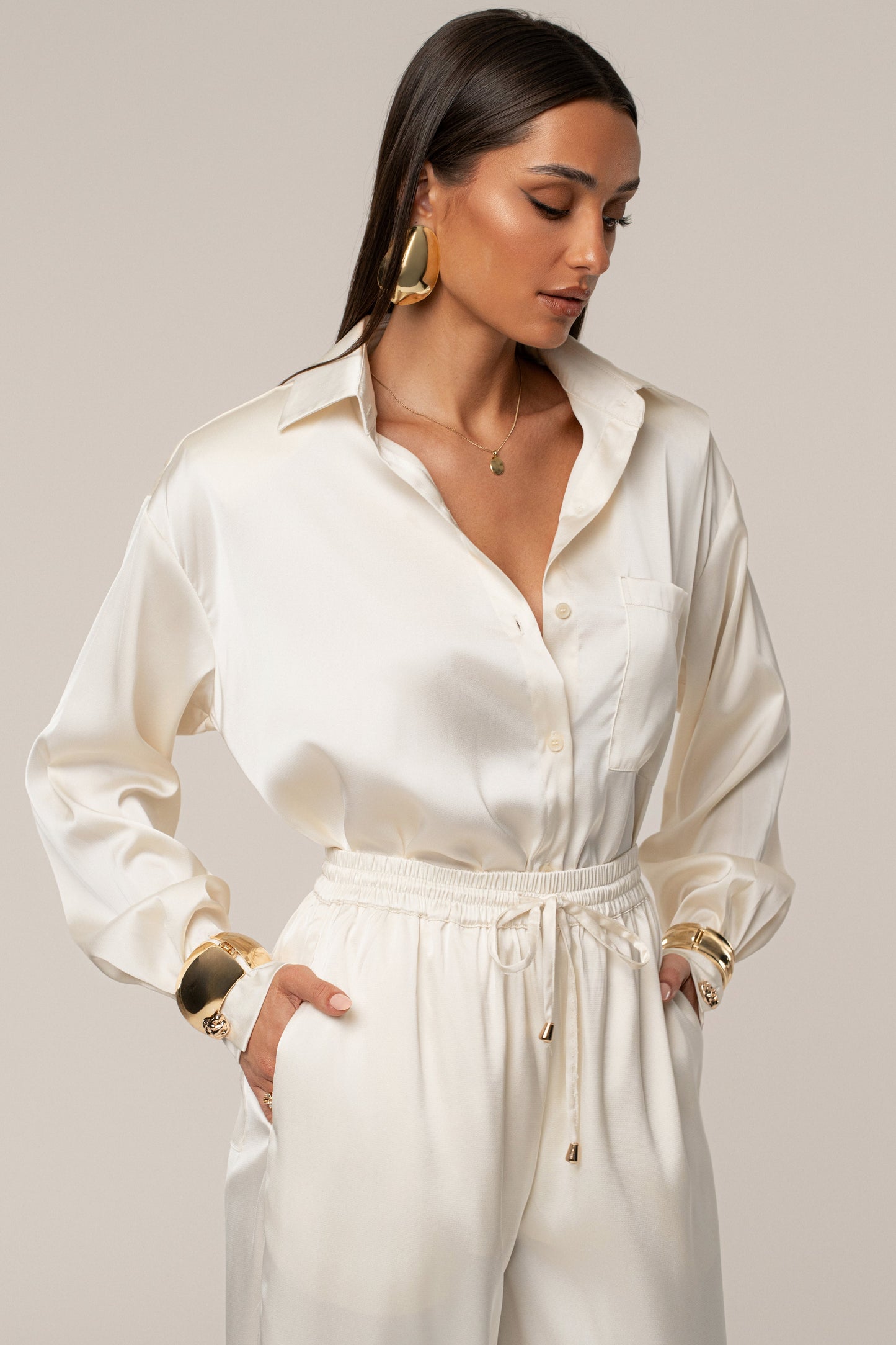 Ivory Island Ease Collared Satin Top JLUXLABEL