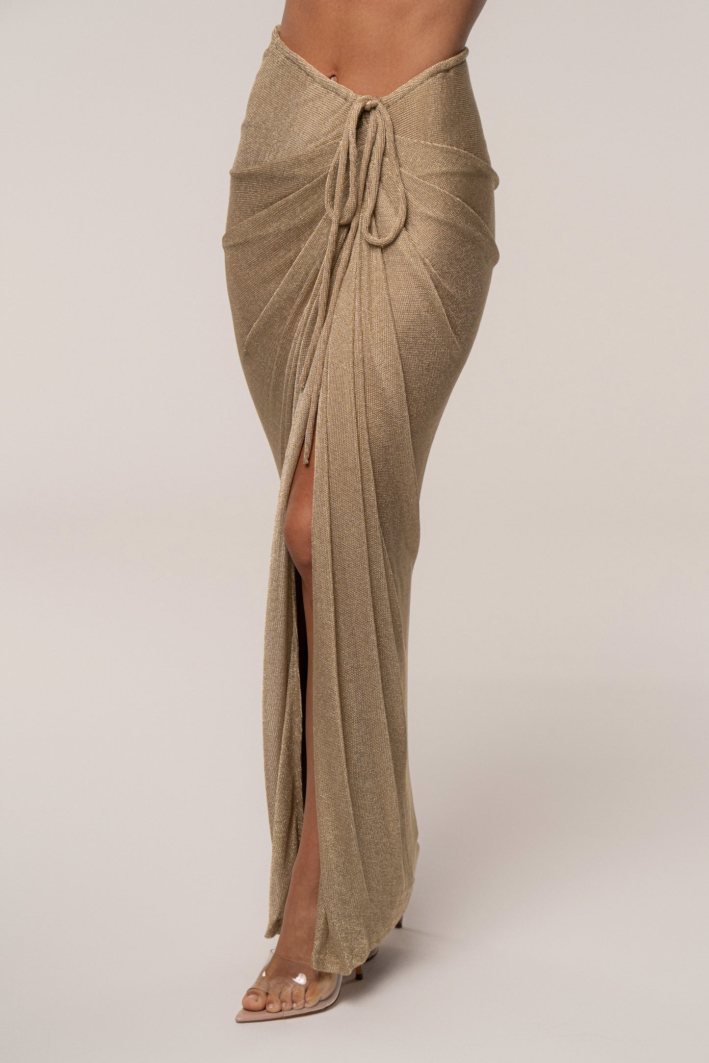Gold Noelia Metallic Slit Skirt JLUXLABEL