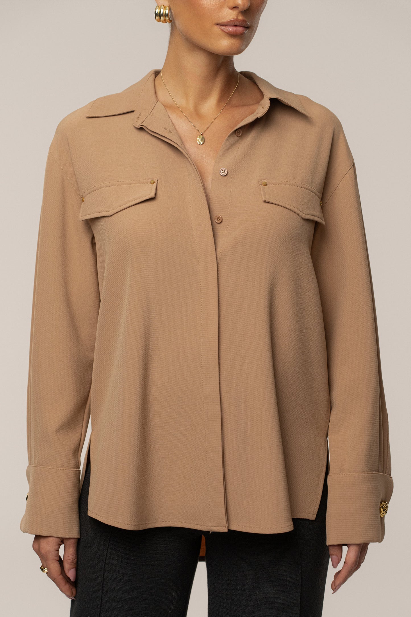 Tan Stella Button Up Shirt JLUXLABEL