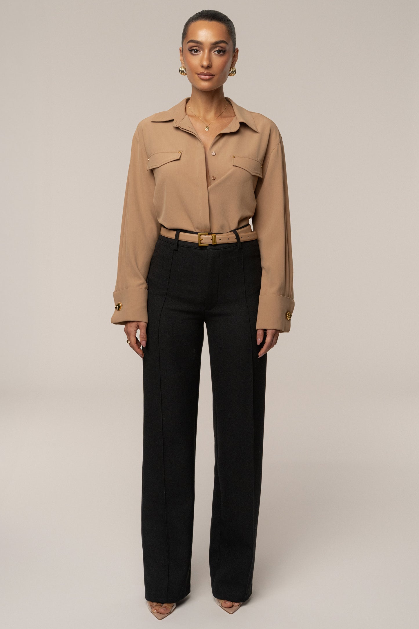 Tan Stella Button Up Shirt JLUXLABEL