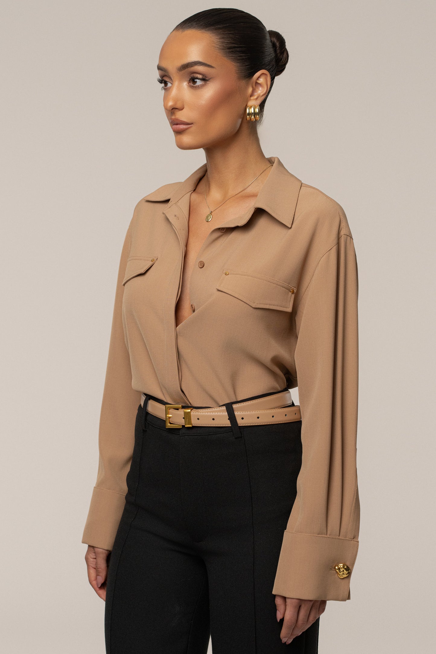 Tan Stella Button Up Shirt JLUXLABEL