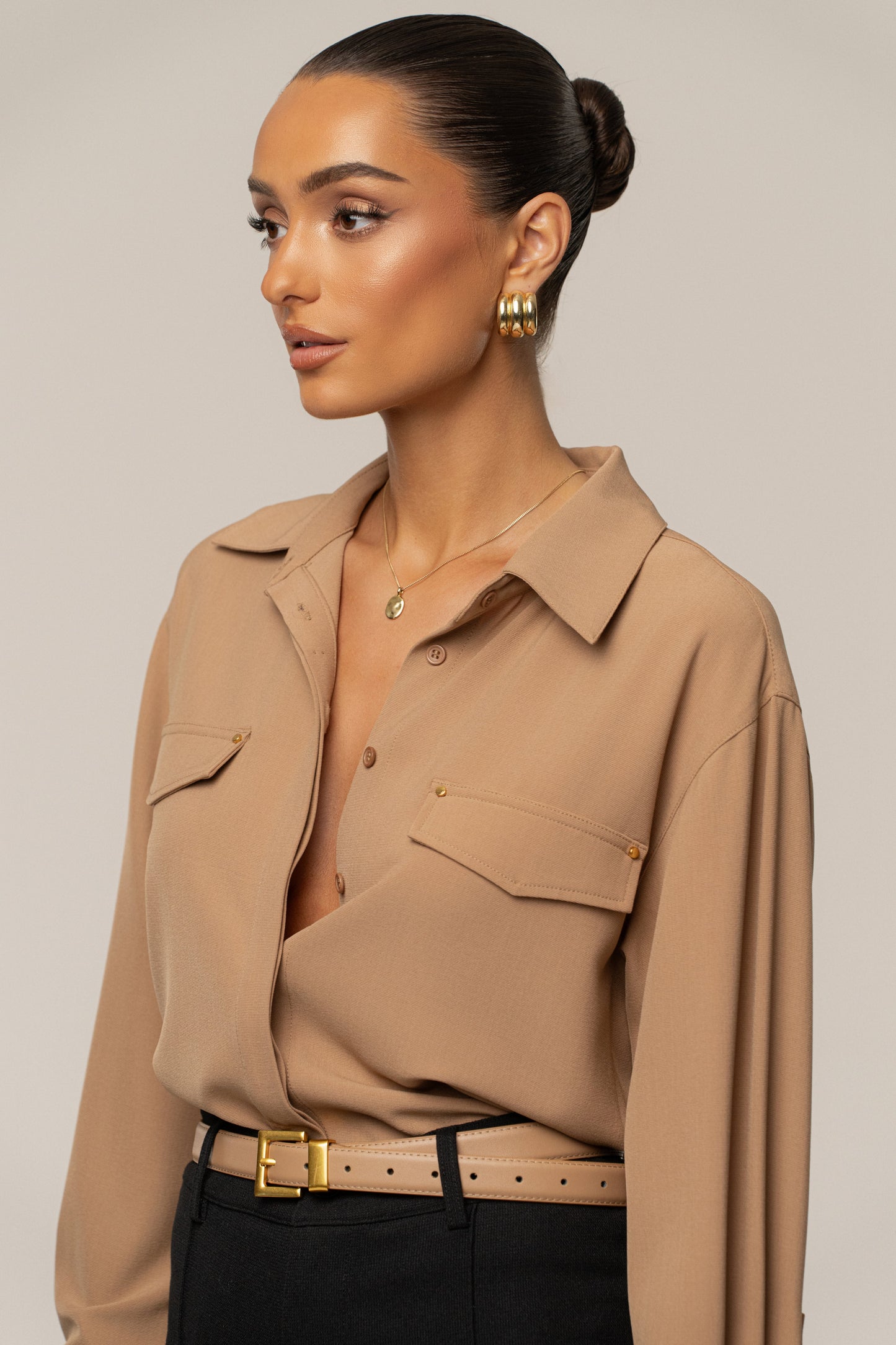 Tan Stella Button Up Shirt JLUXLABEL