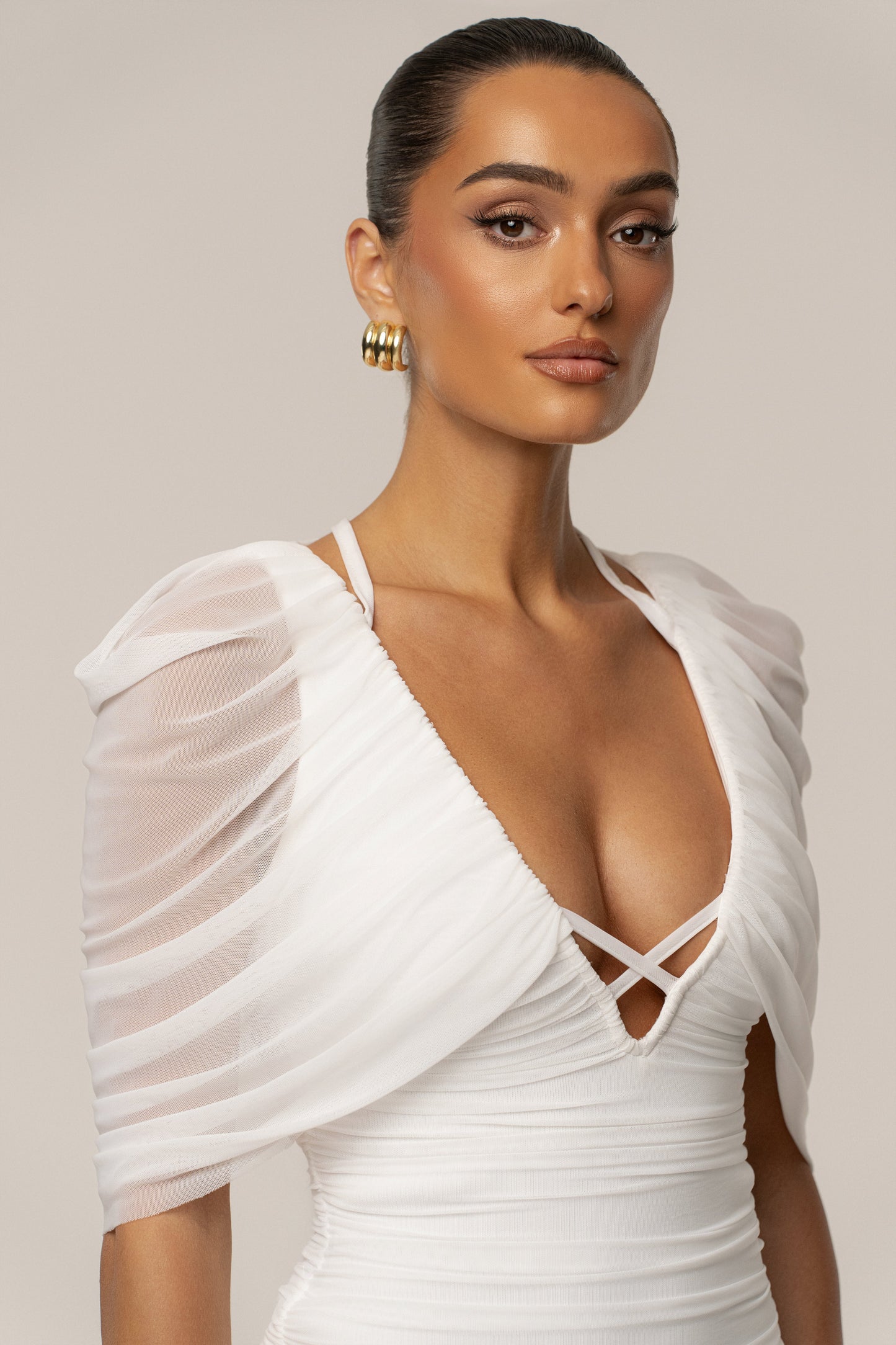 Ivory Timeless Drape Midi Dress JLUXLABEL