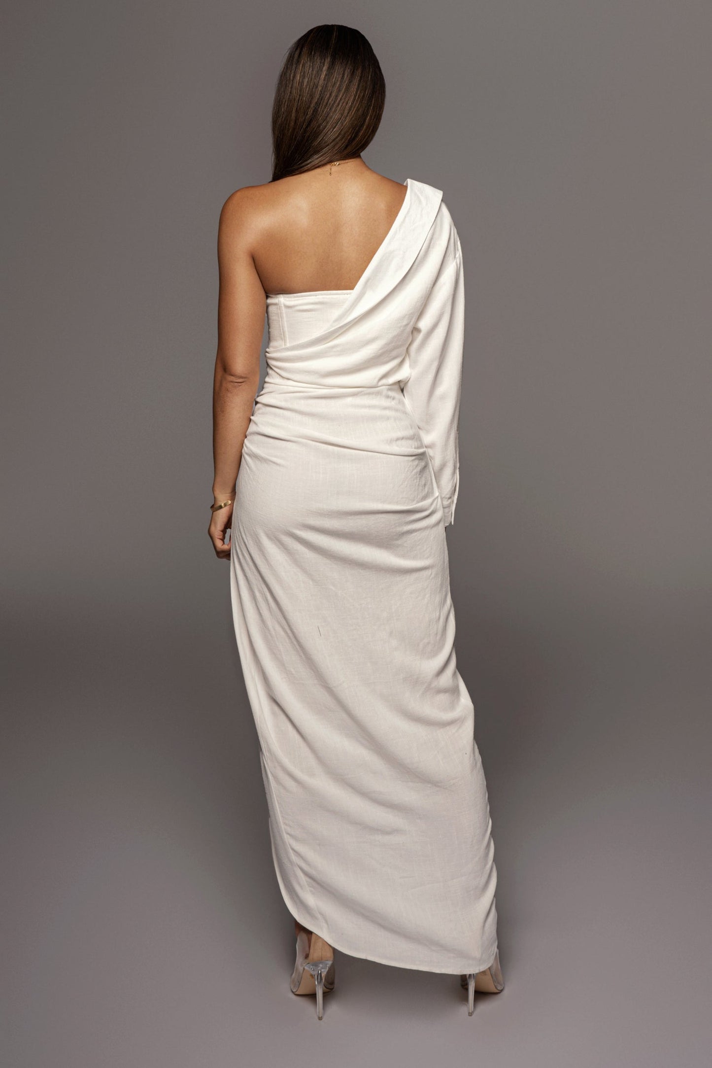 White Evita Linen Draped Dress JLUXLABEL