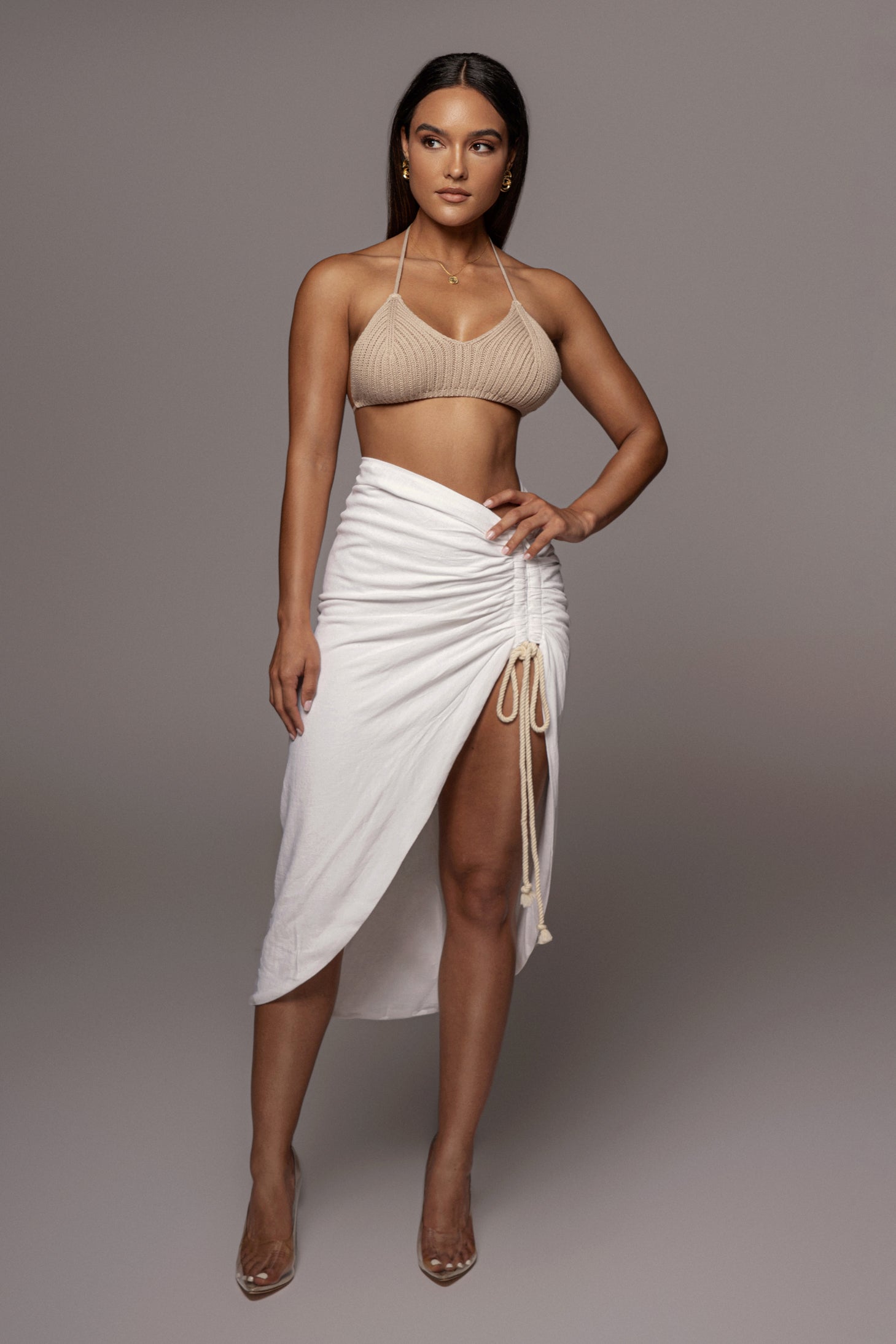 Ivory Spring Ruched Linen Skirt JLUXLABEL