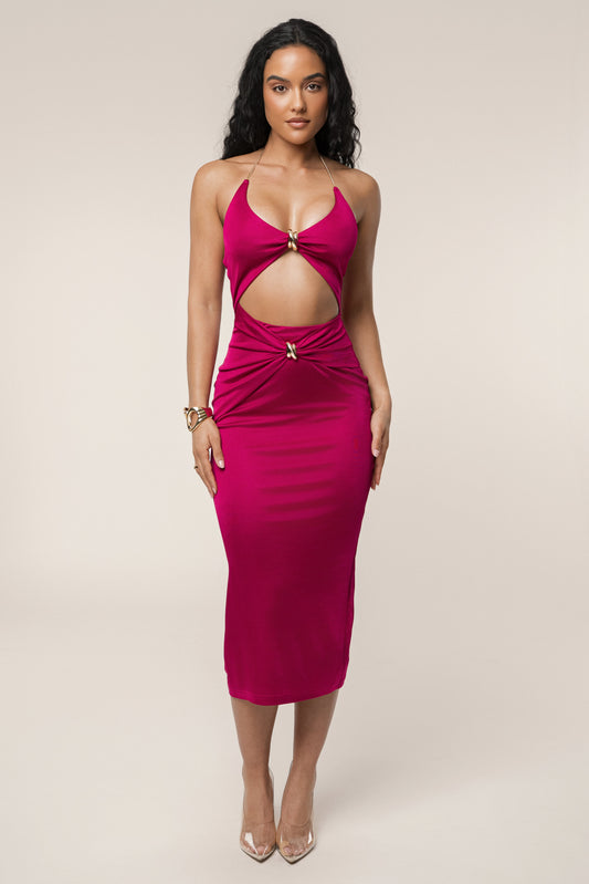 Berry Cutout Chain Midi Dress JLUXLABEL