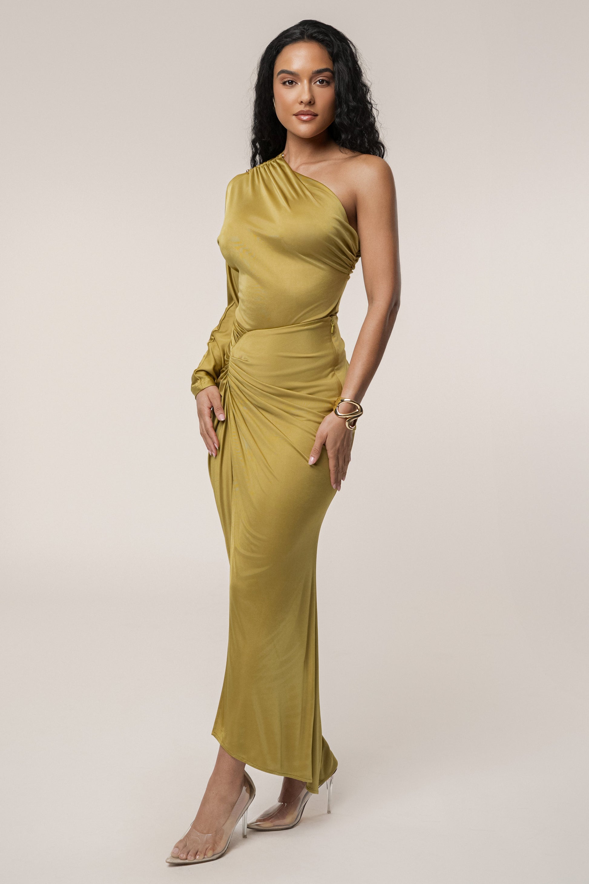 Lime One Shoulder Shirred Bodysuit JLUXLABEL