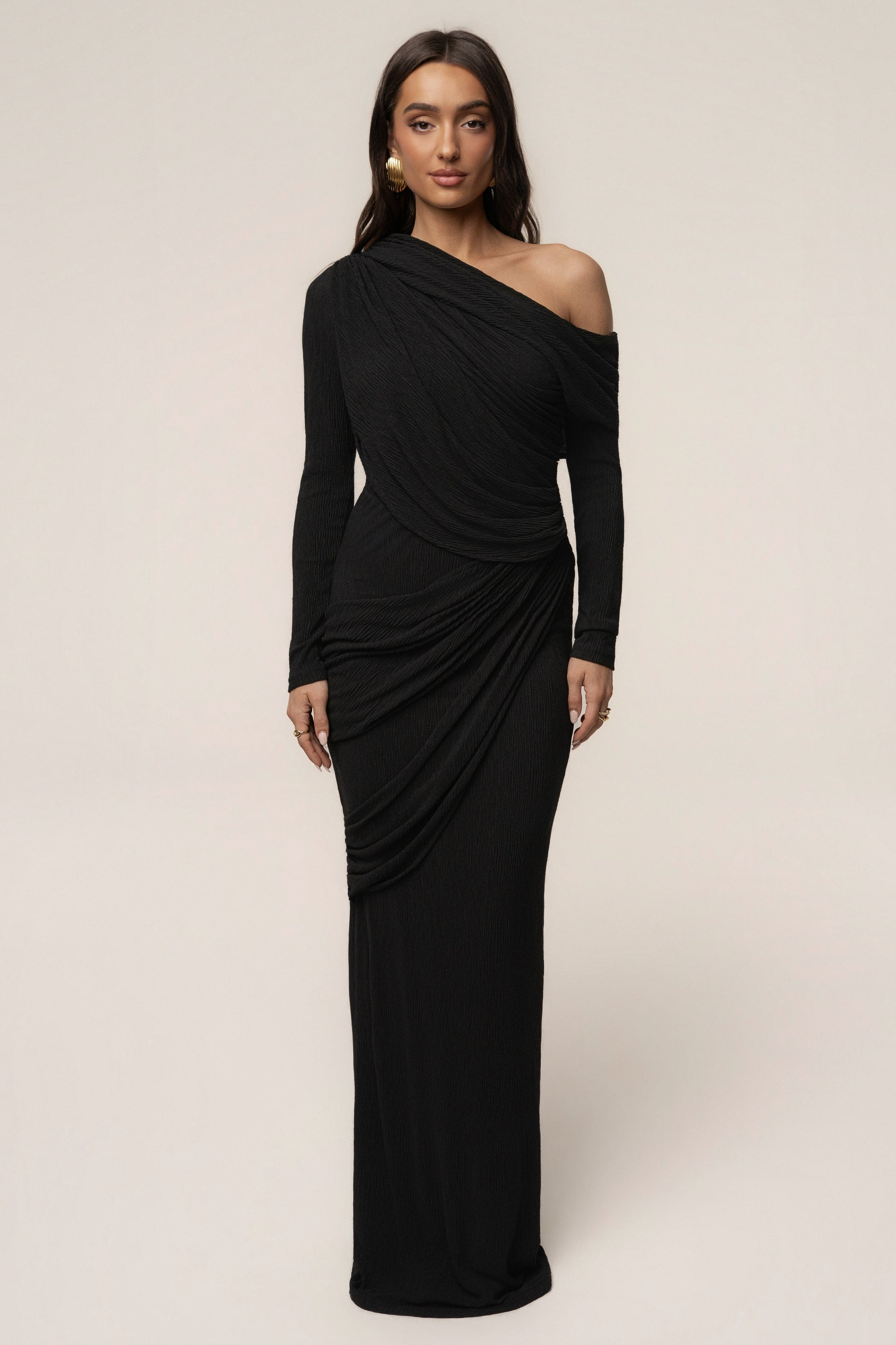 Black Textured One Shoulder Bodysuit JLUXLABEL
