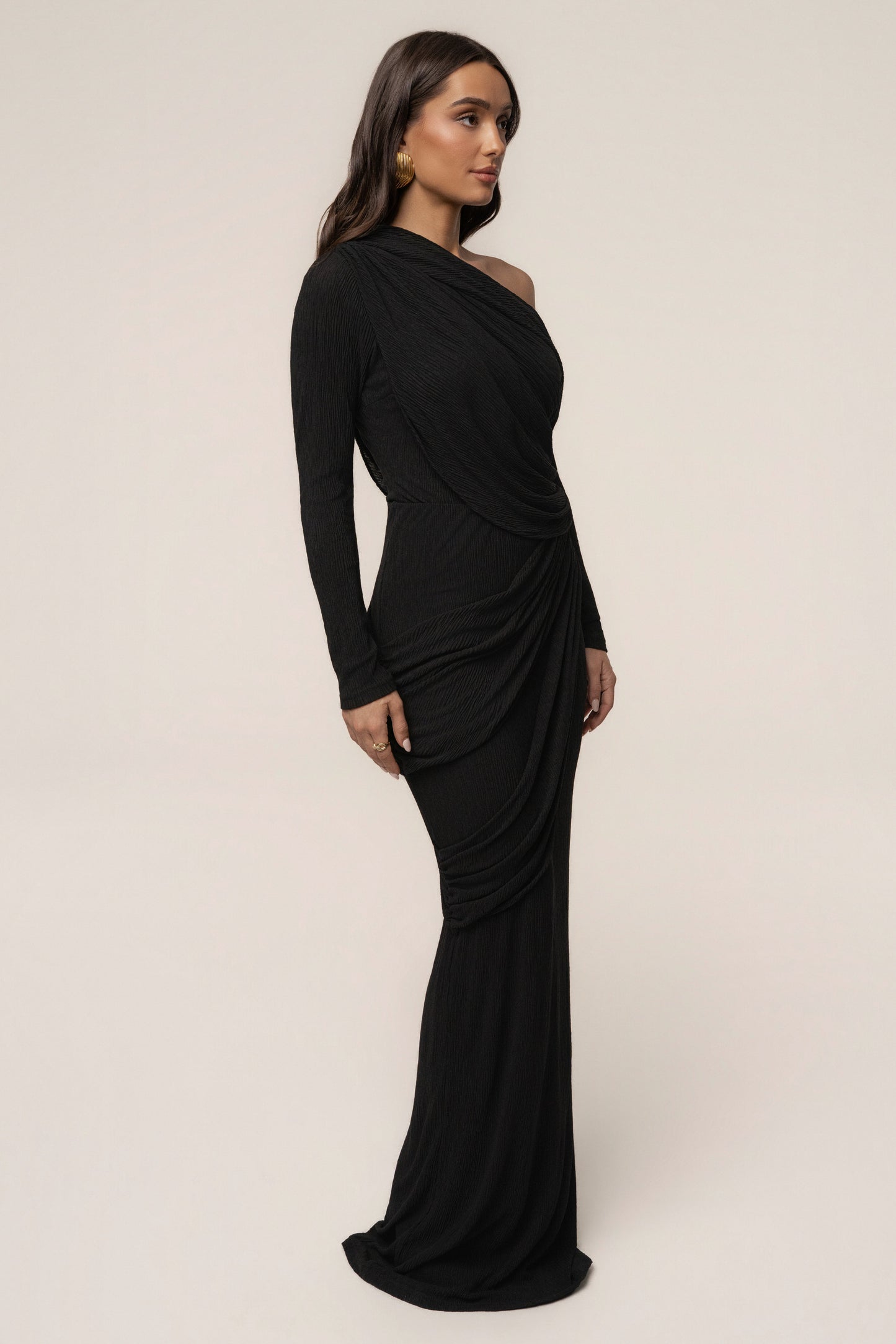 Black Textured One Shoulder Bodysuit JLUXLABEL