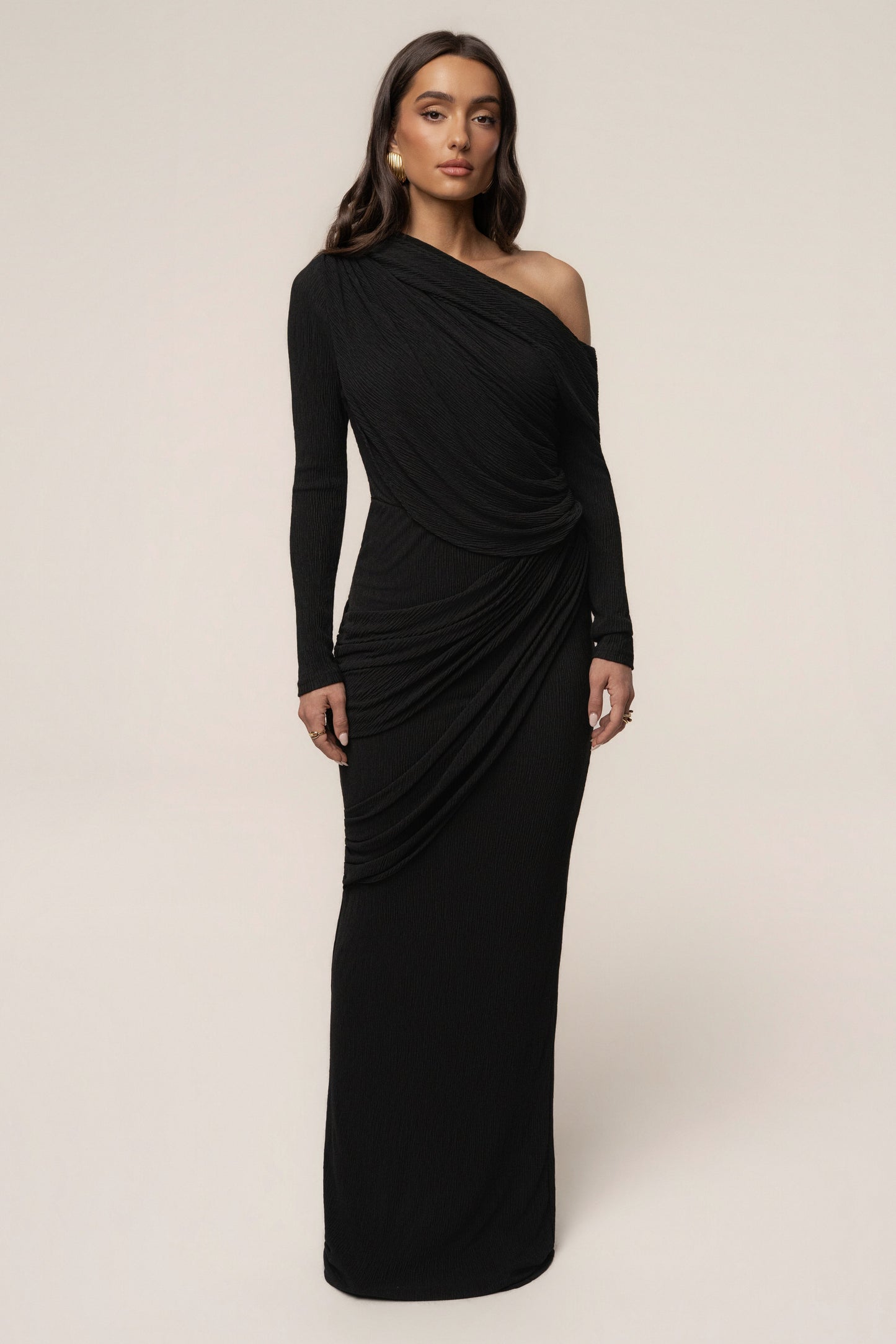 Black Textured One Shoulder Bodysuit JLUXLABEL