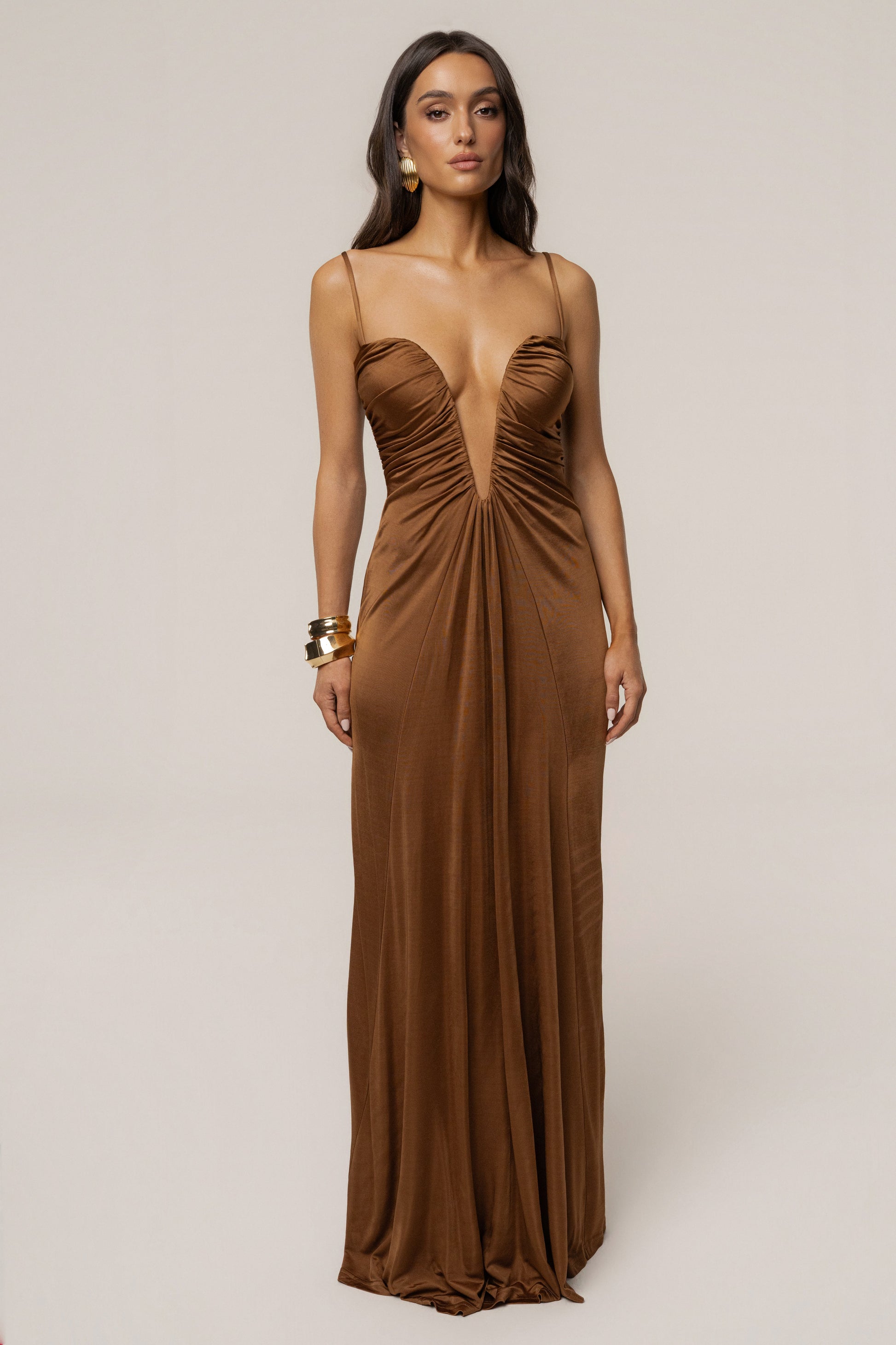 Tan Auric Deep Plunge Maxi Dress JLUXLABEL