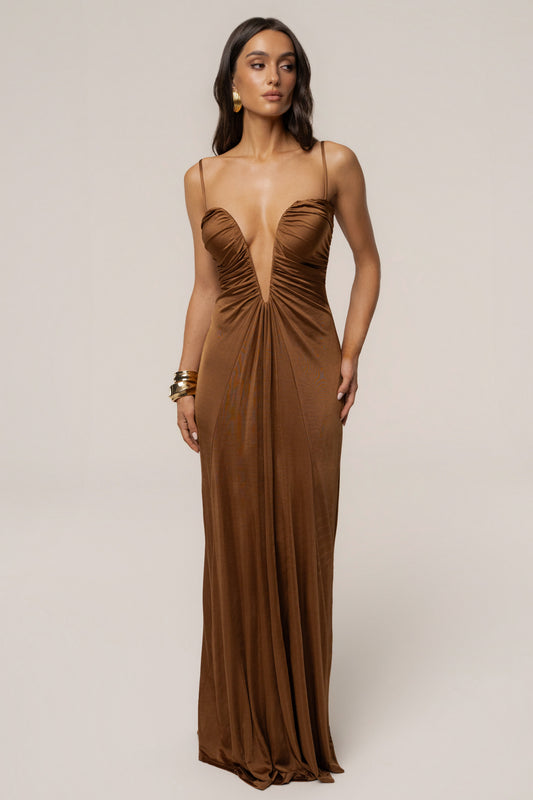 Tan Auric Deep Plunge Maxi Dress JLUXLABEL