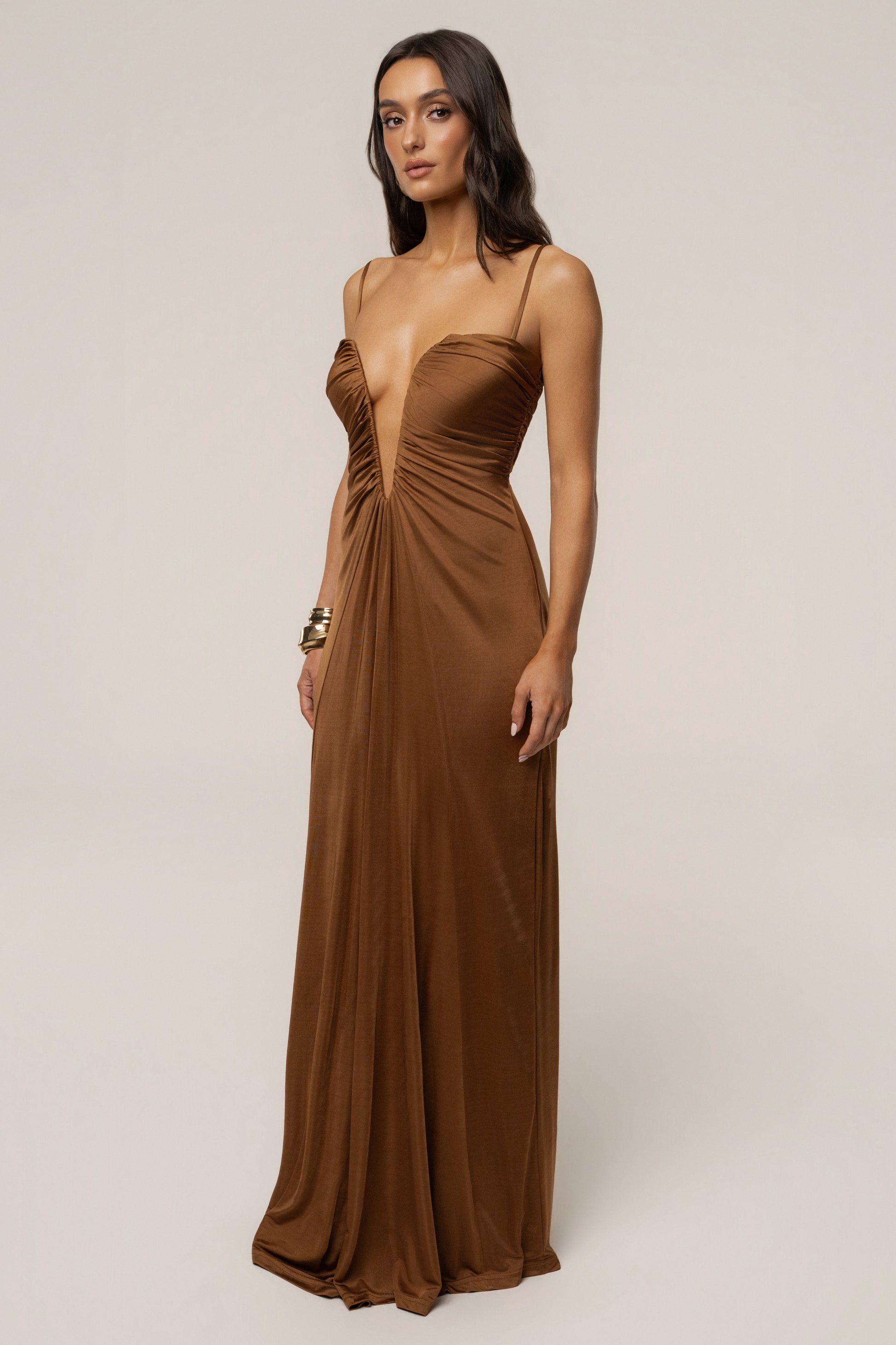 Tan Auric Deep Plunge Maxi Dress JLUXLABEL