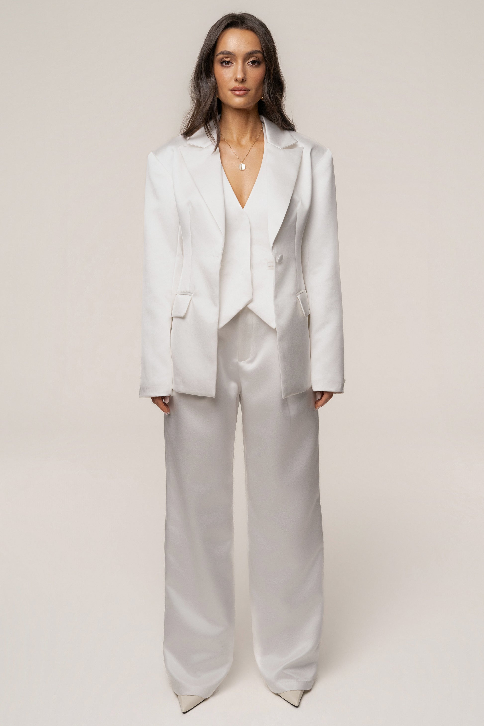 White Victoria Satin Blazer NEWFASHIONEDGE