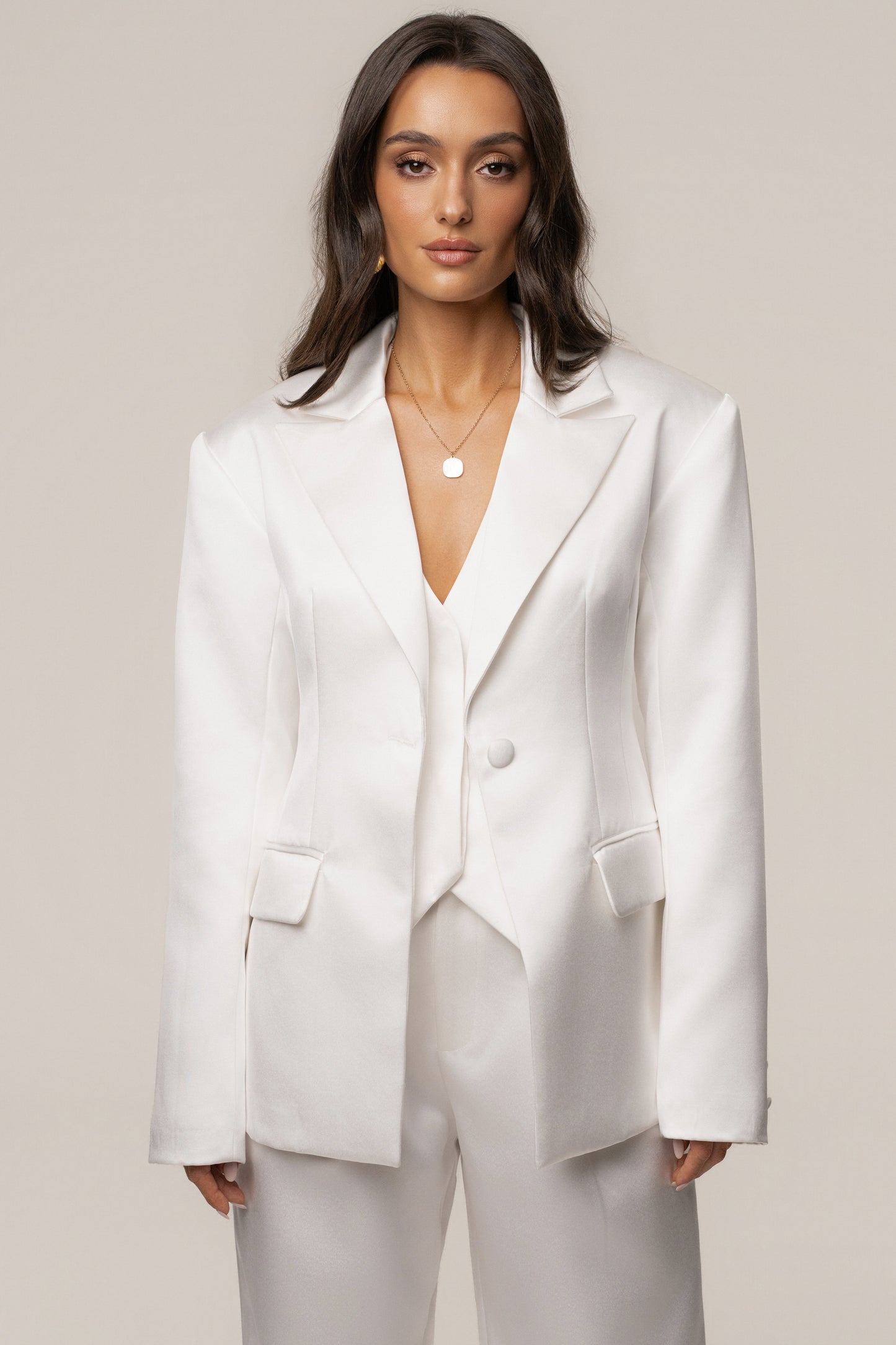 White Victoria Satin Blazer NEWFASHIONEDGE