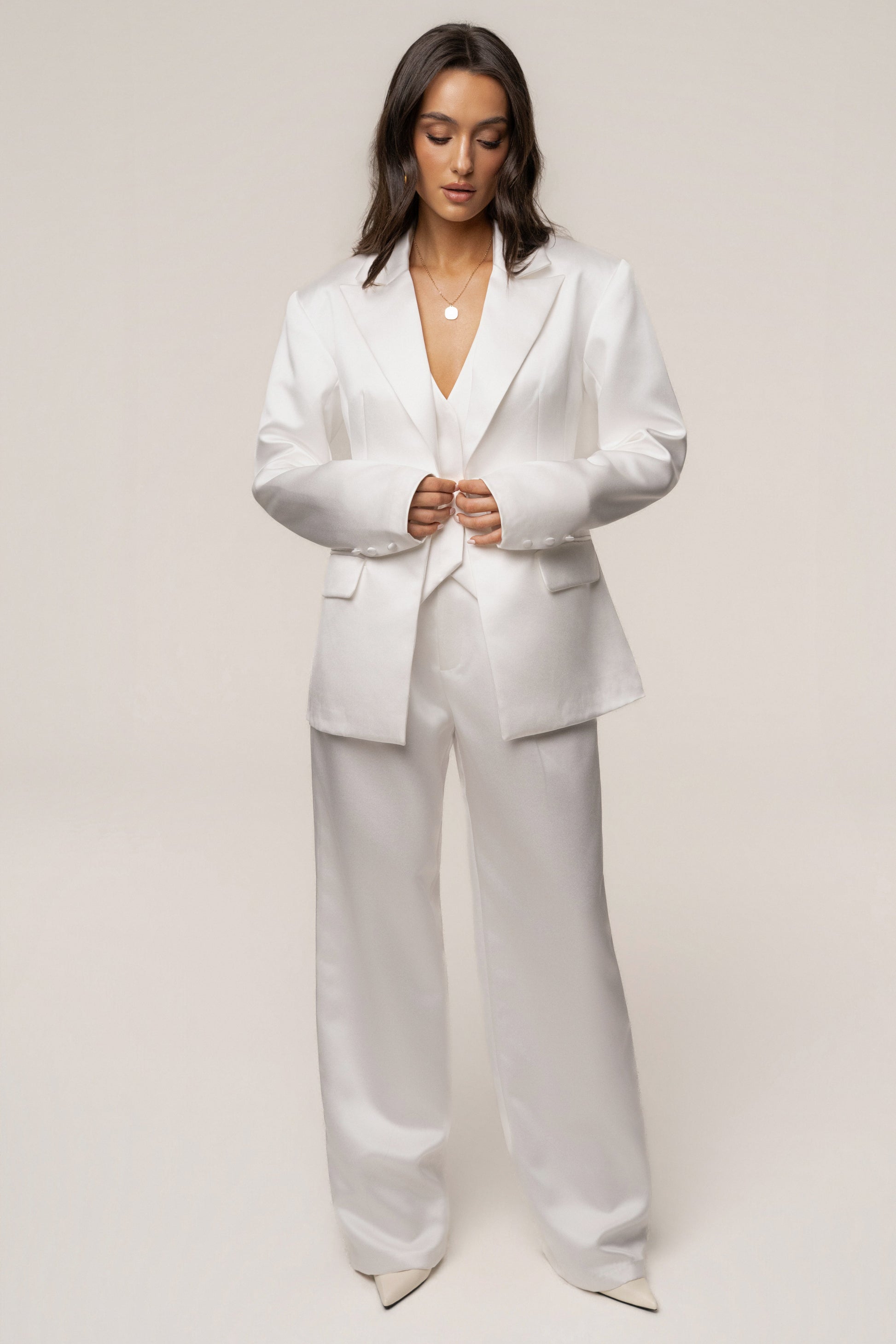 White Victoria Satin Blazer NEWFASHIONEDGE