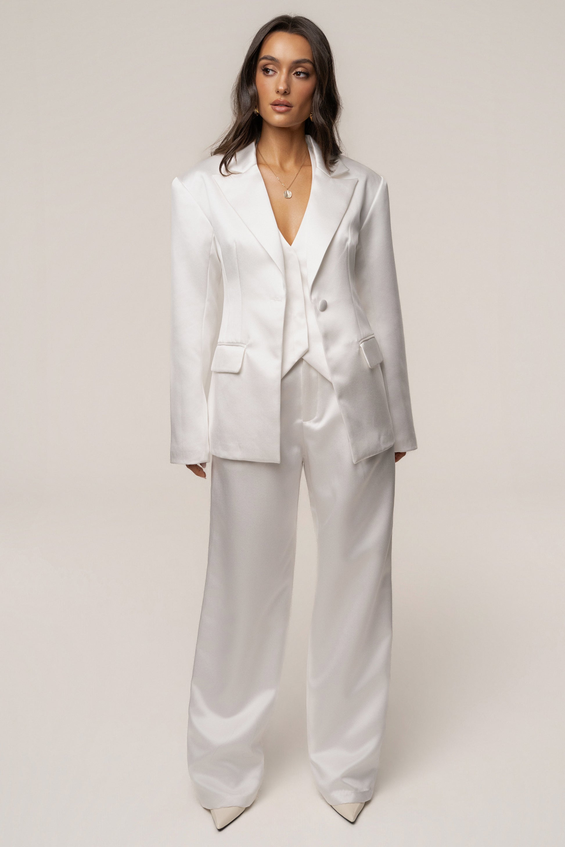 White Victoria Satin Blazer NEWFASHIONEDGE