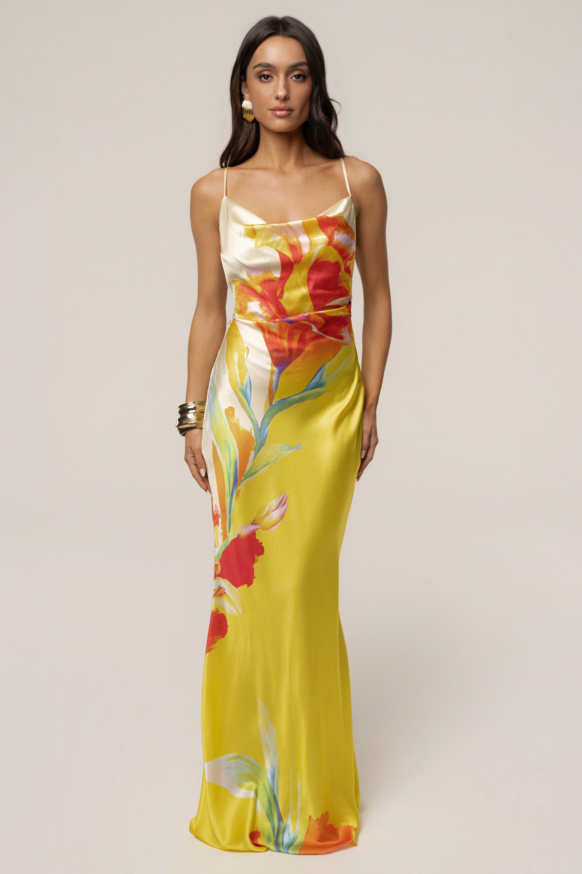 Yellow Satin Floral Print Maxi Dress NEWFASHIONEDGE