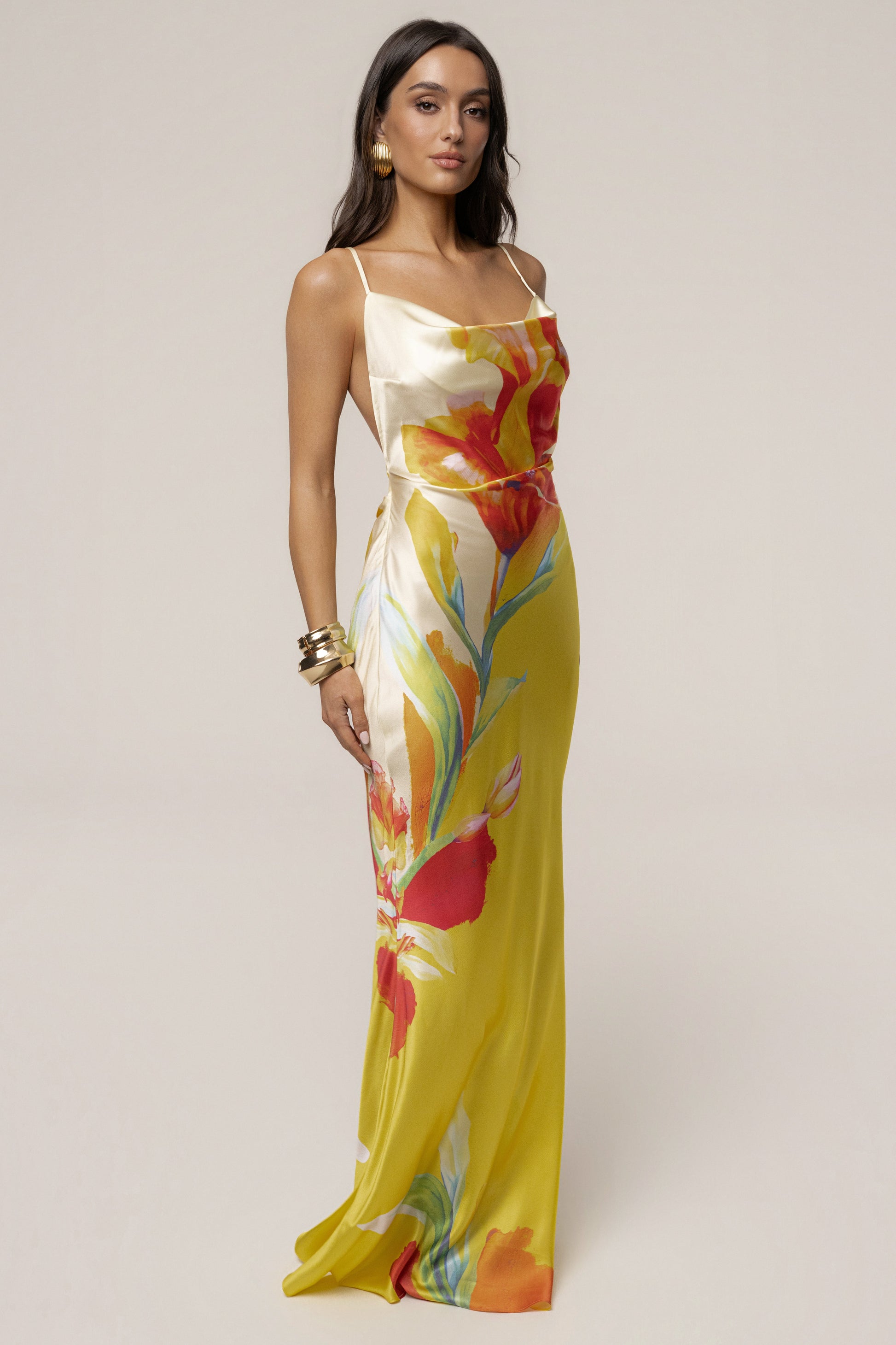 Yellow Satin Floral Print Maxi Dress NEWFASHIONEDGE