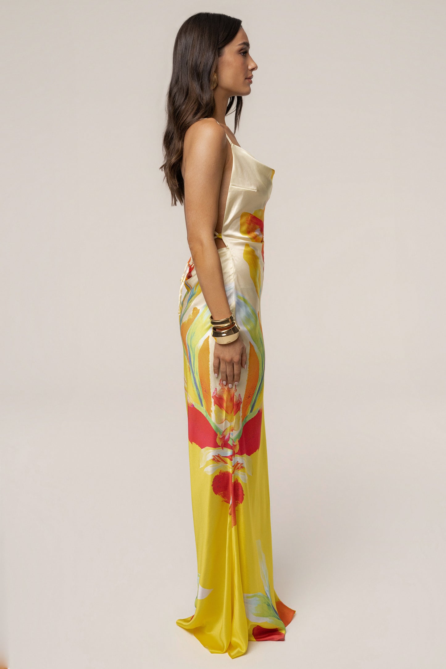 Yellow Satin Floral Print Maxi Dress NEWFASHIONEDGE