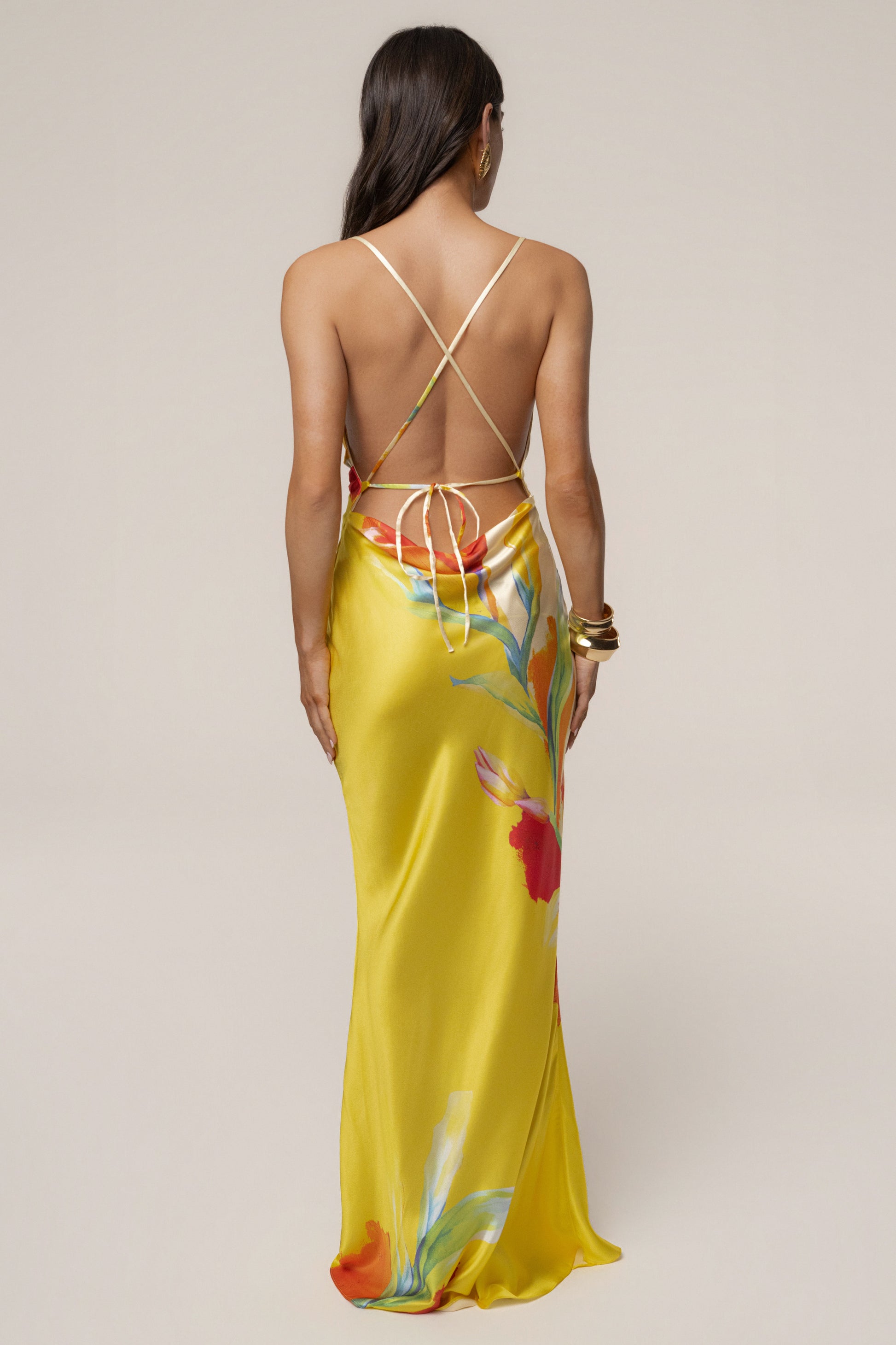 Yellow Satin Floral Print Maxi Dress NEWFASHIONEDGE