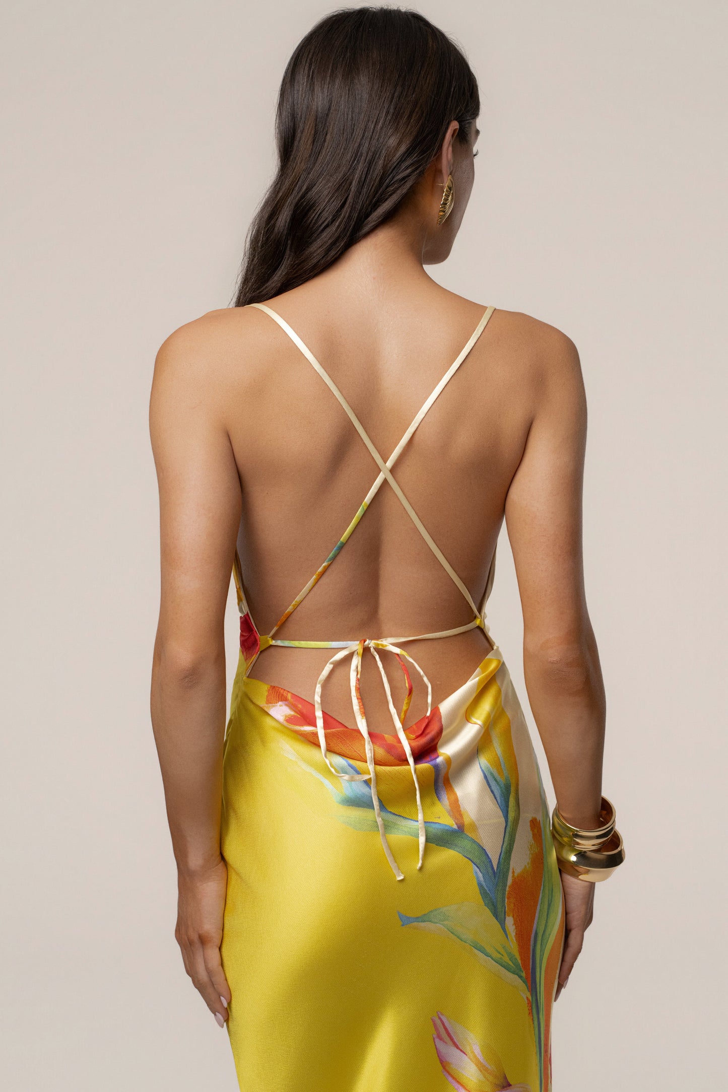Yellow Satin Floral Print Maxi Dress NEWFASHIONEDGE