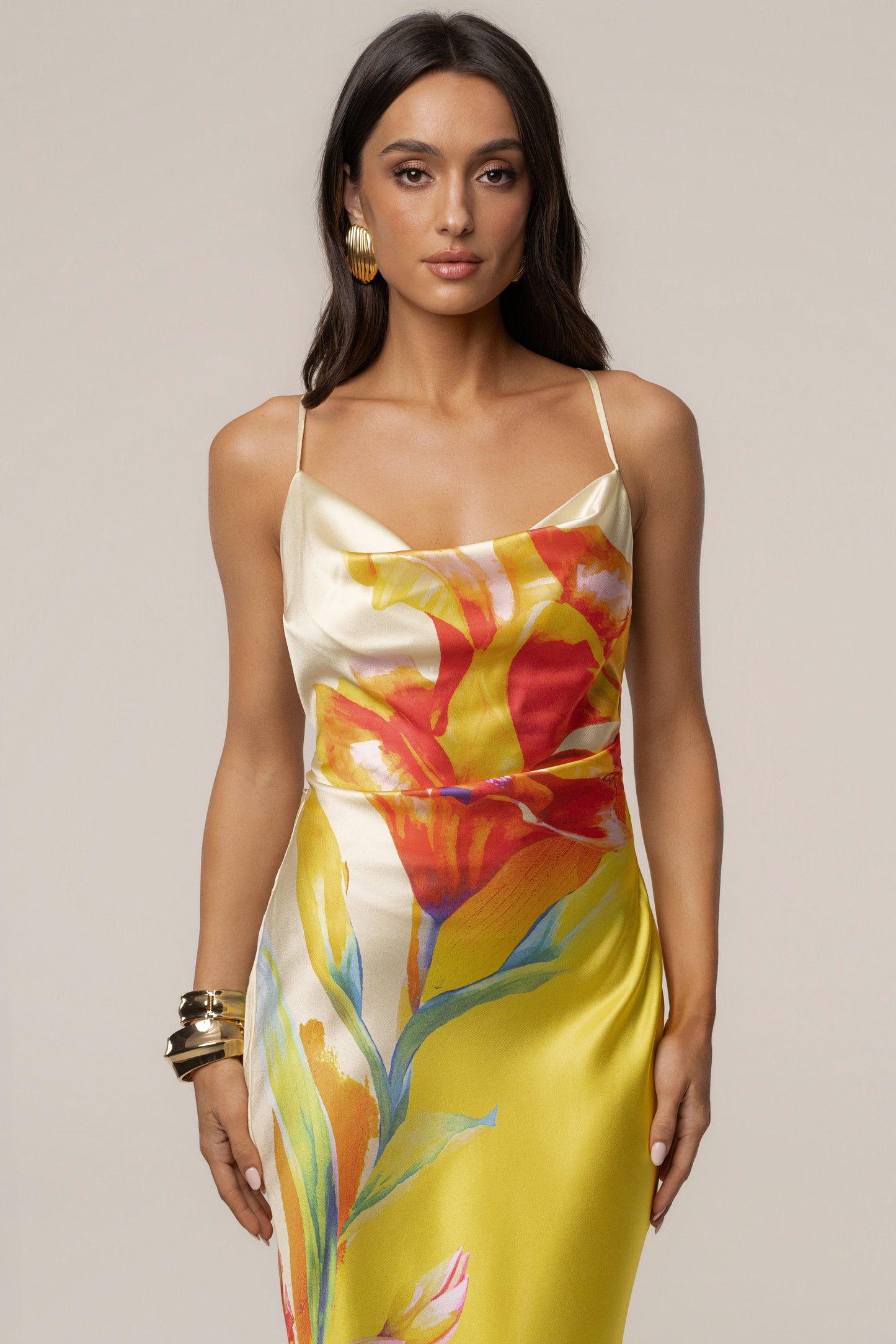 Yellow Satin Floral Print Maxi Dress NEWFASHIONEDGE