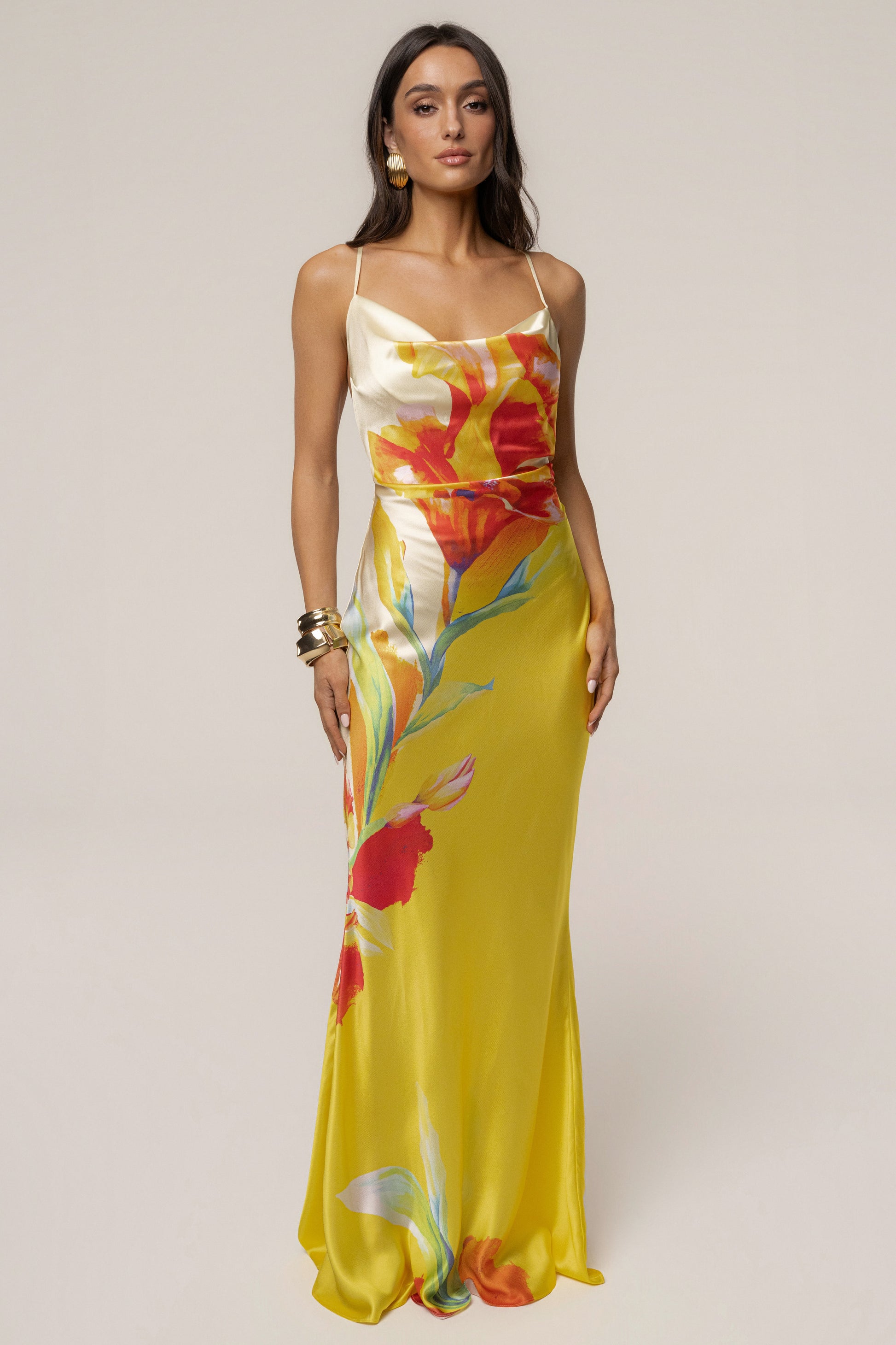 Yellow Satin Floral Print Maxi Dress NEWFASHIONEDGE