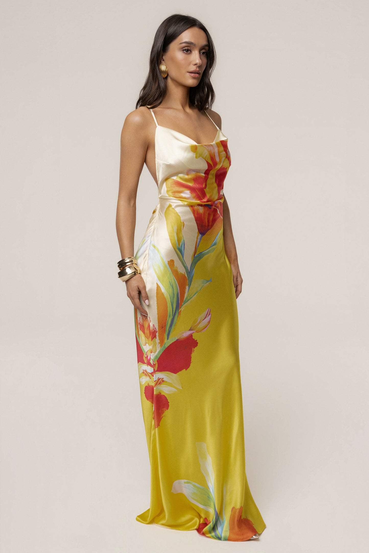 Yellow Satin Floral Print Maxi Dress NEWFASHIONEDGE
