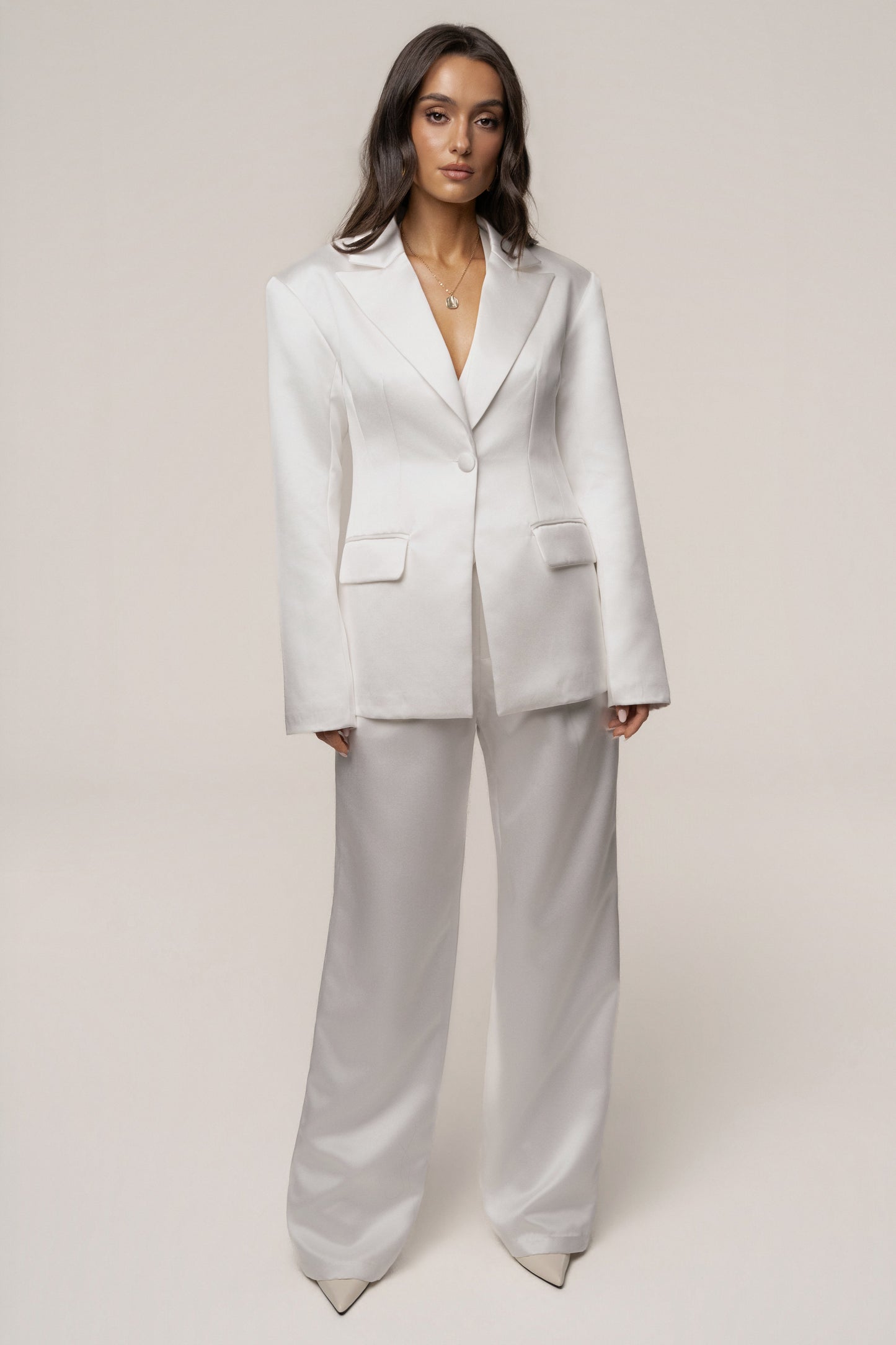 White Victoria Satin Blazer NEWFASHIONEDGE