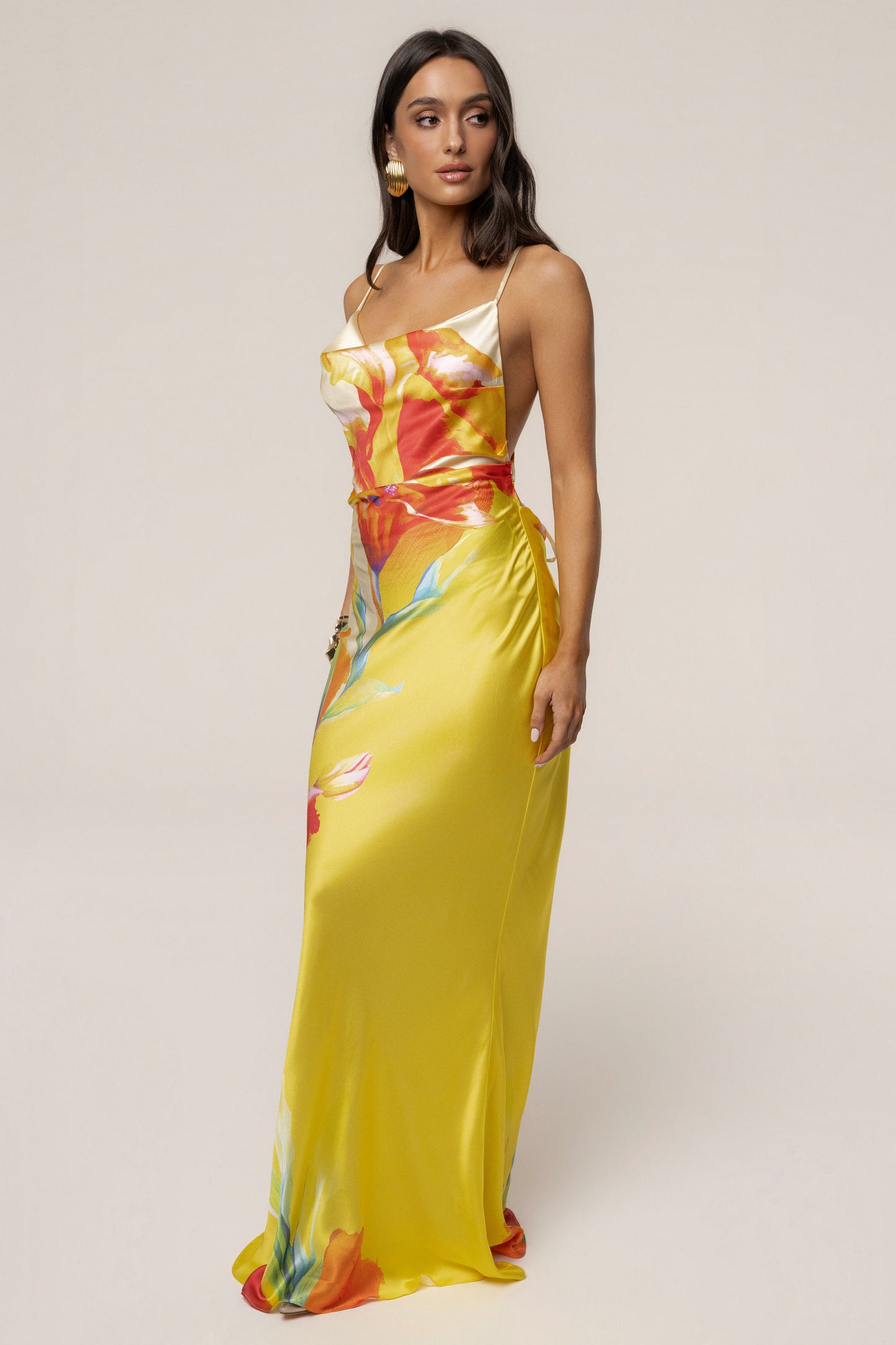 Yellow Satin Floral Print Maxi Dress NEWFASHIONEDGE