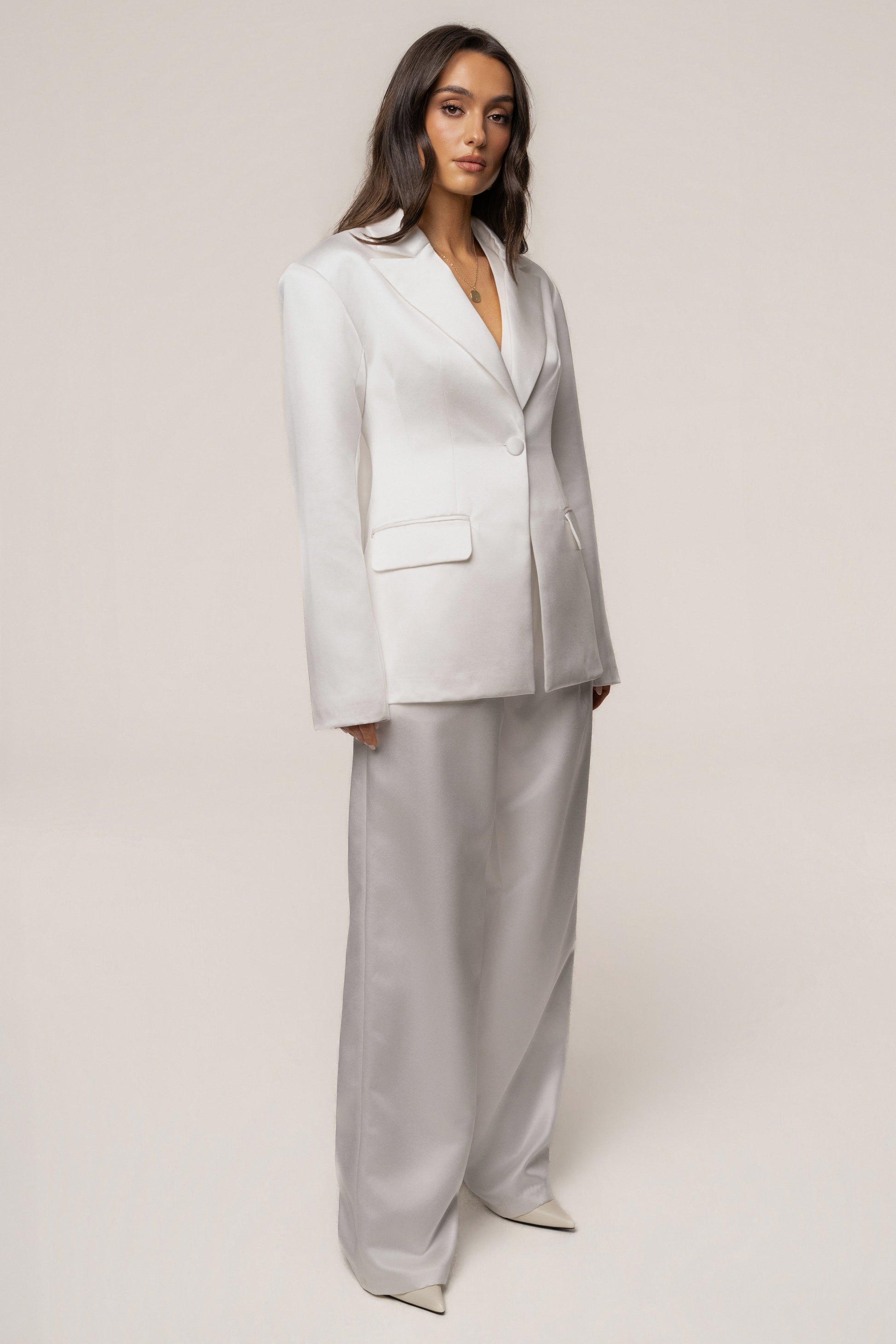 White Victoria Satin Blazer NEWFASHIONEDGE