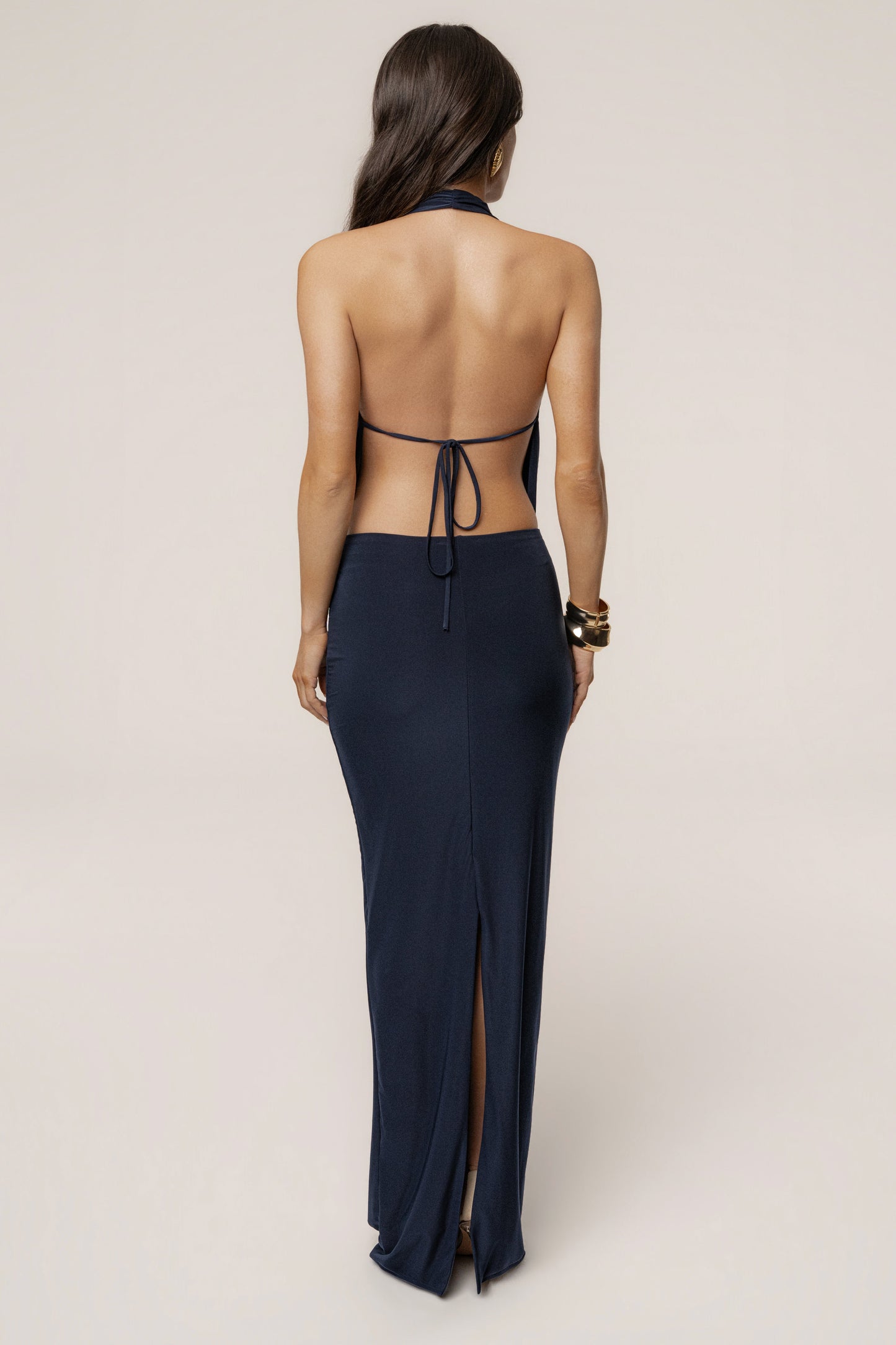 Navy Dawn Draped Maxi Dress JLUXLABEL
