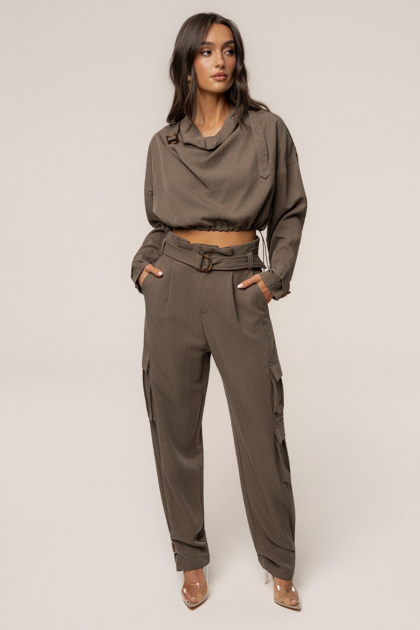Dark Taupe Boundless Belted Cargo Pants JLUXLABEL