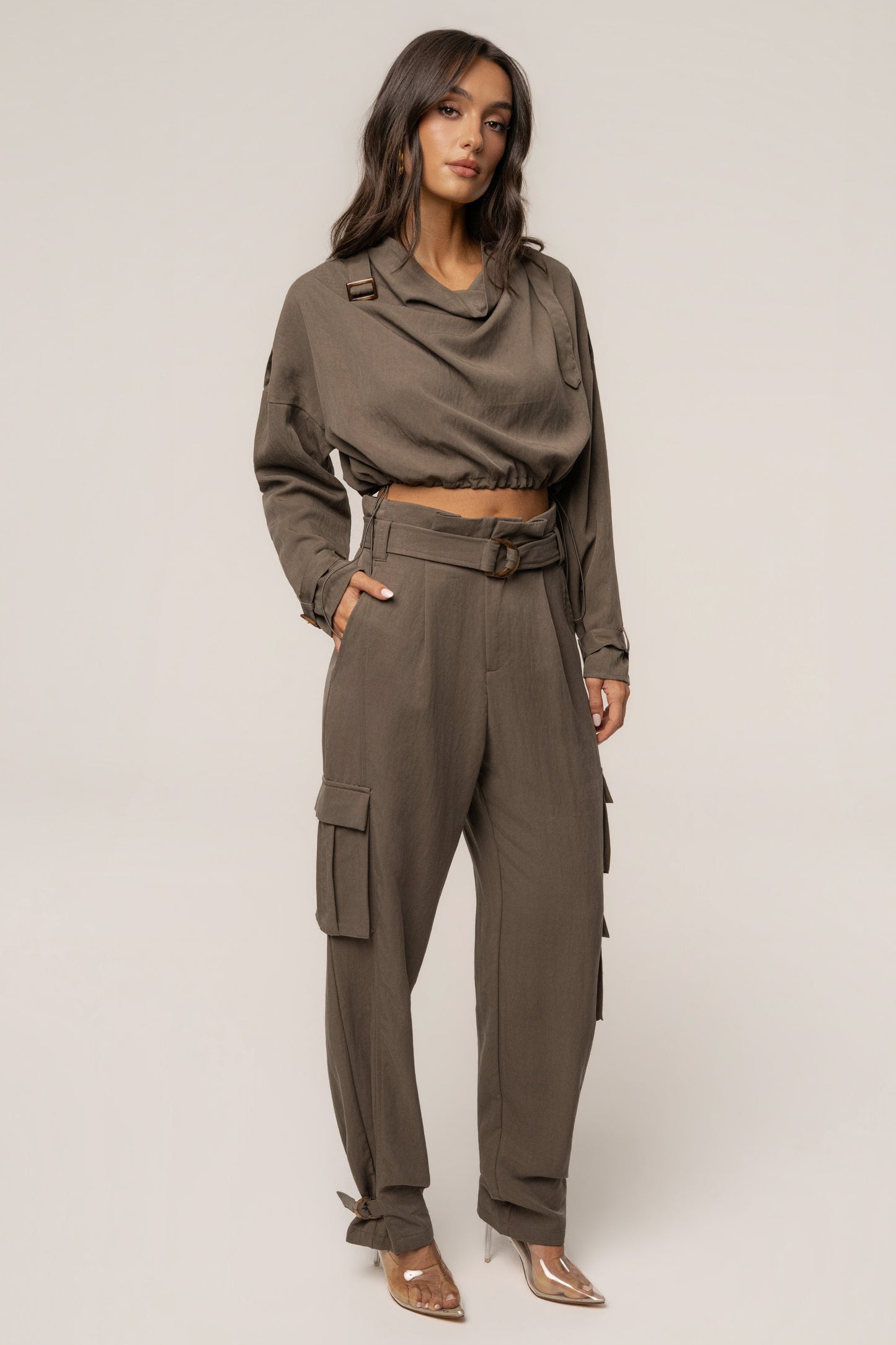 Dark Taupe Boundless Belted Cargo Pants JLUXLABEL