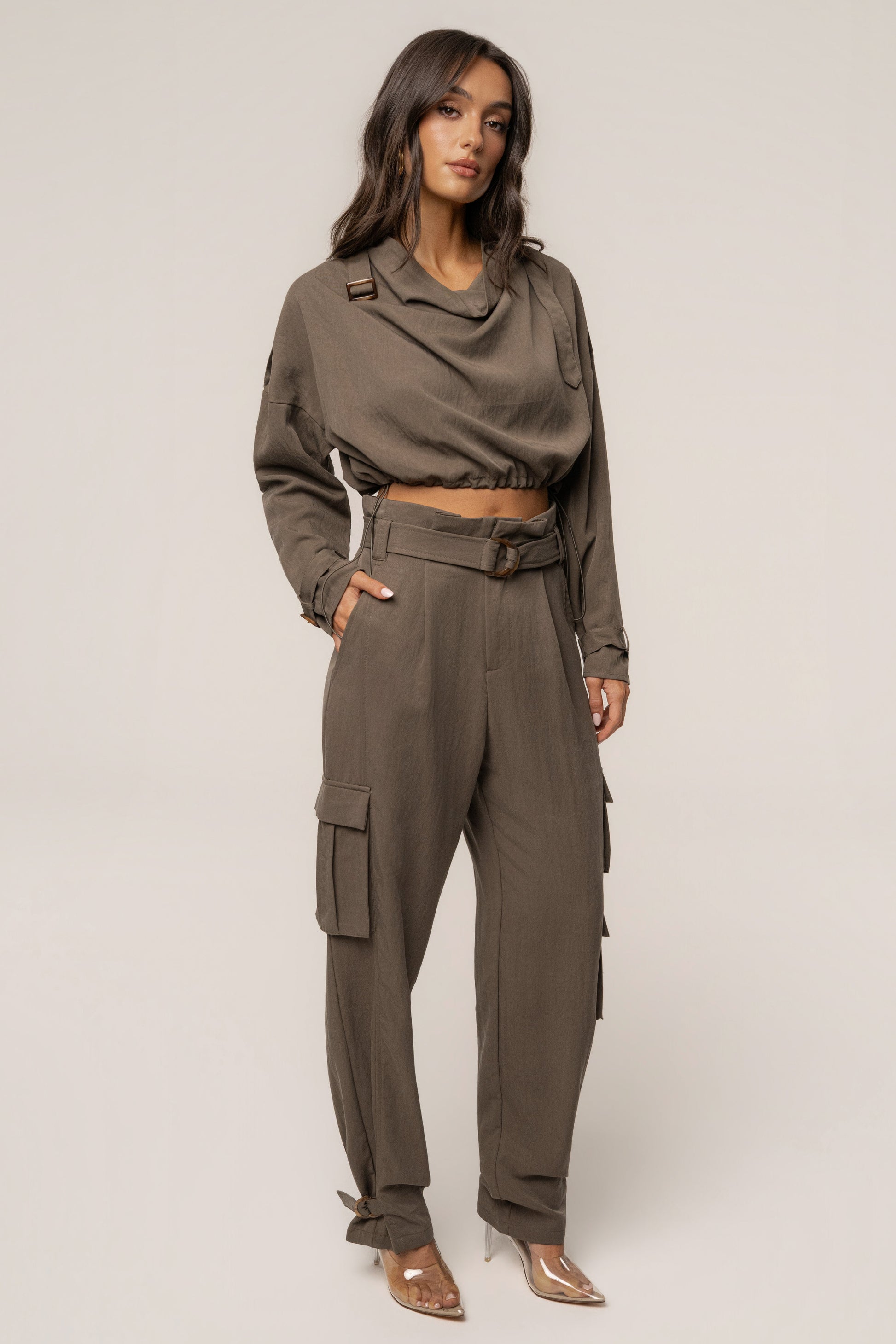 Dark Taupe Boundless Belted Cargo Pants JLUXLABEL