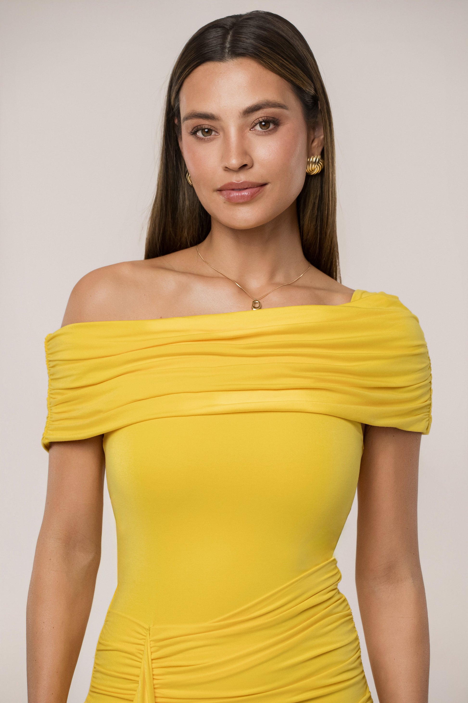 Yellow Off The Shoulder Drape Dress JLUXLABEL