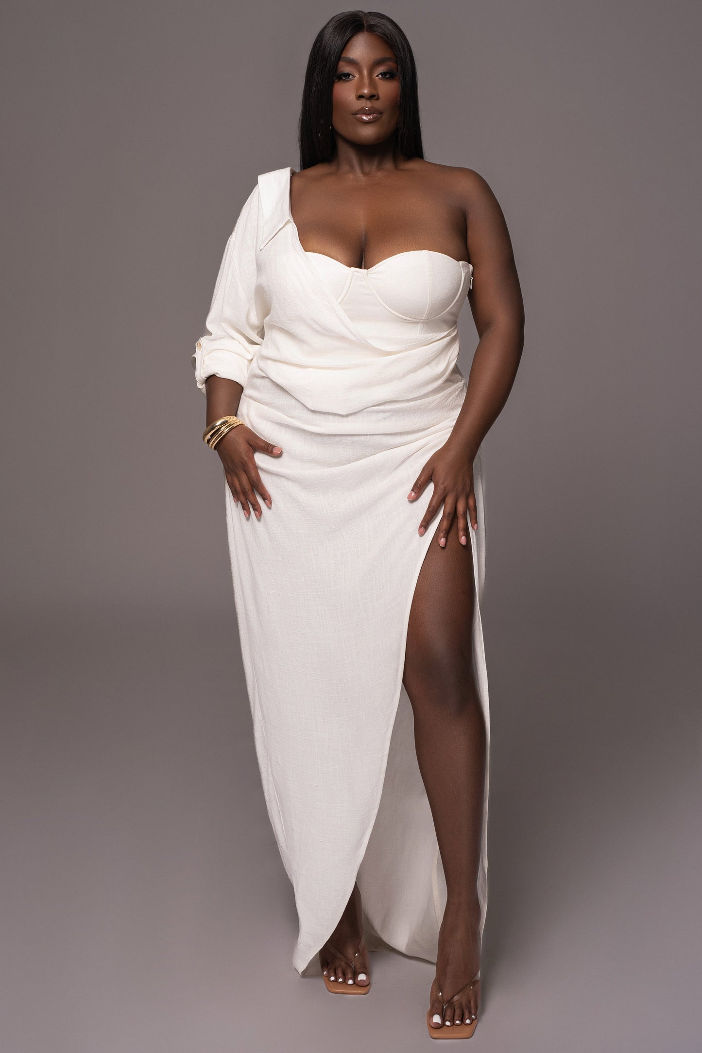 White Evita Linen Draped Dress JLUXLABEL