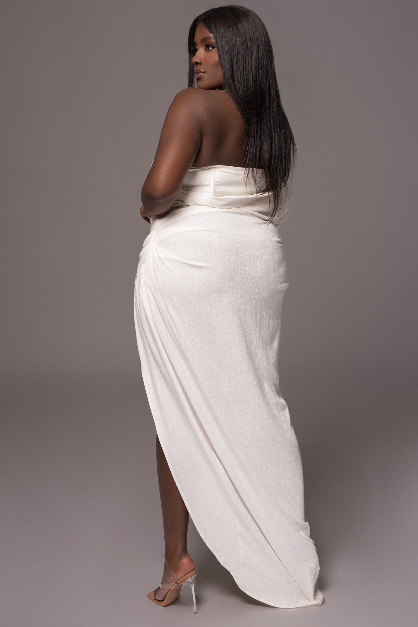 White Evita Linen Draped Dress JLUXLABEL