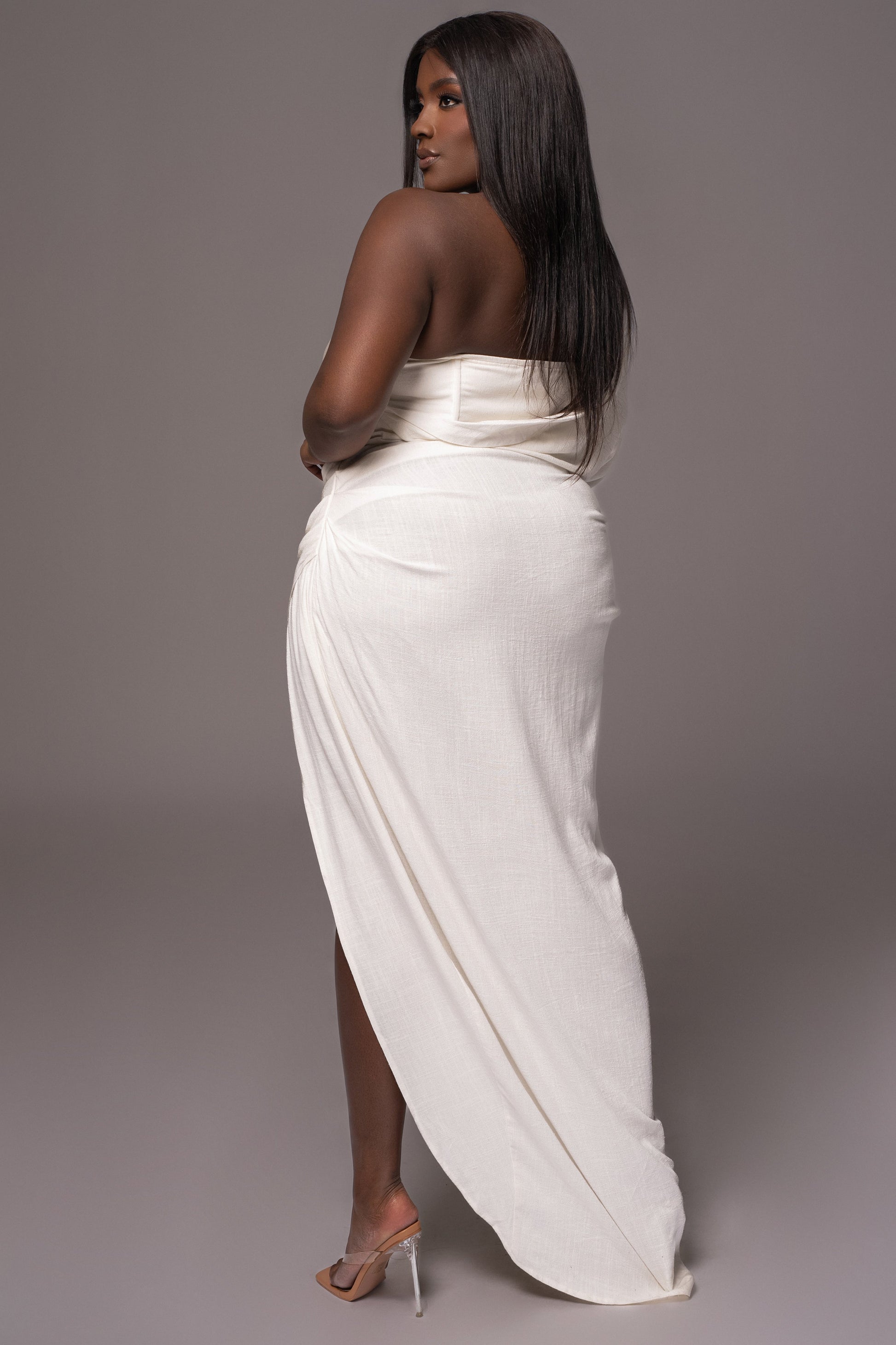 White Evita Linen Draped Dress JLUXLABEL