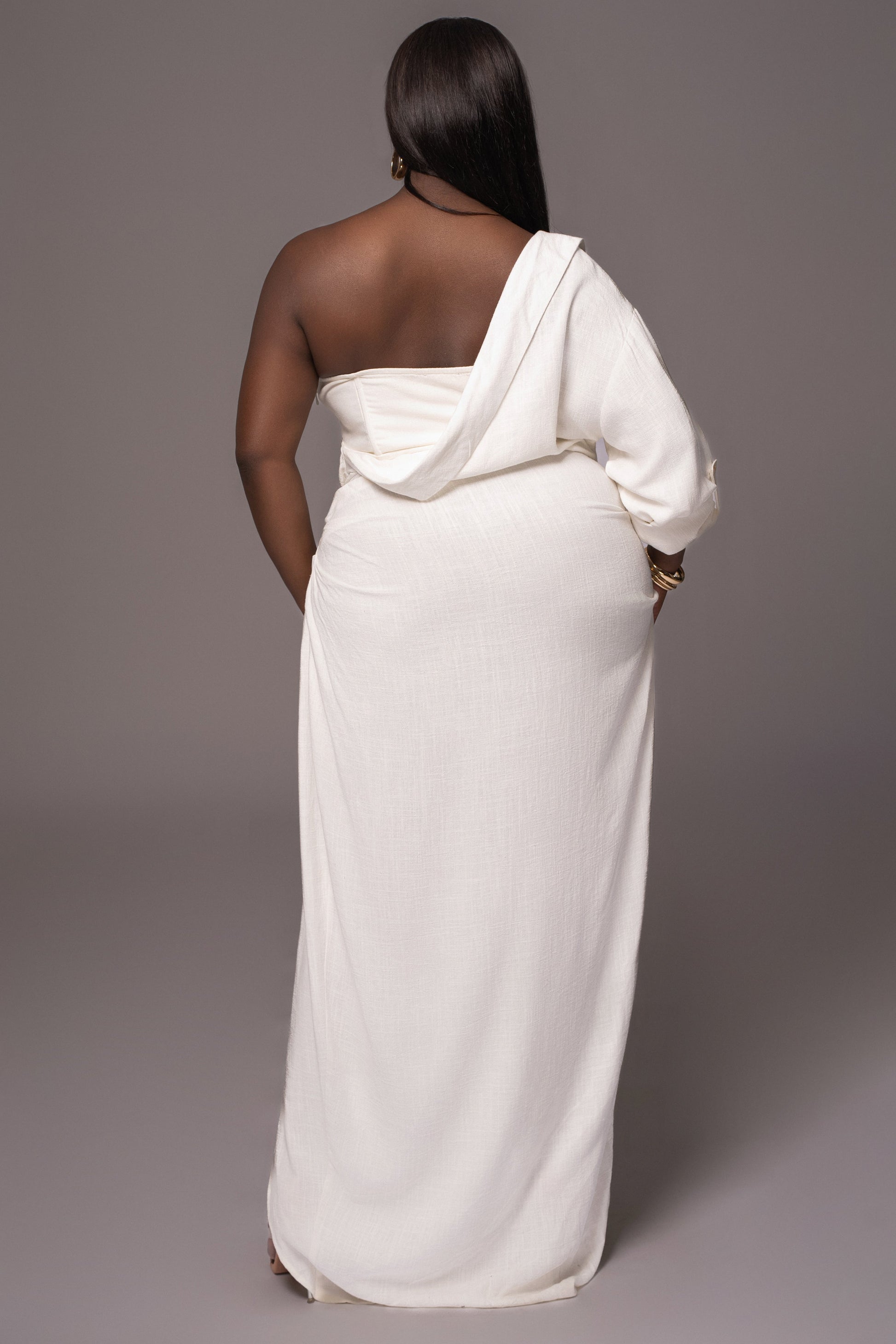 White Evita Linen Draped Dress JLUXLABEL